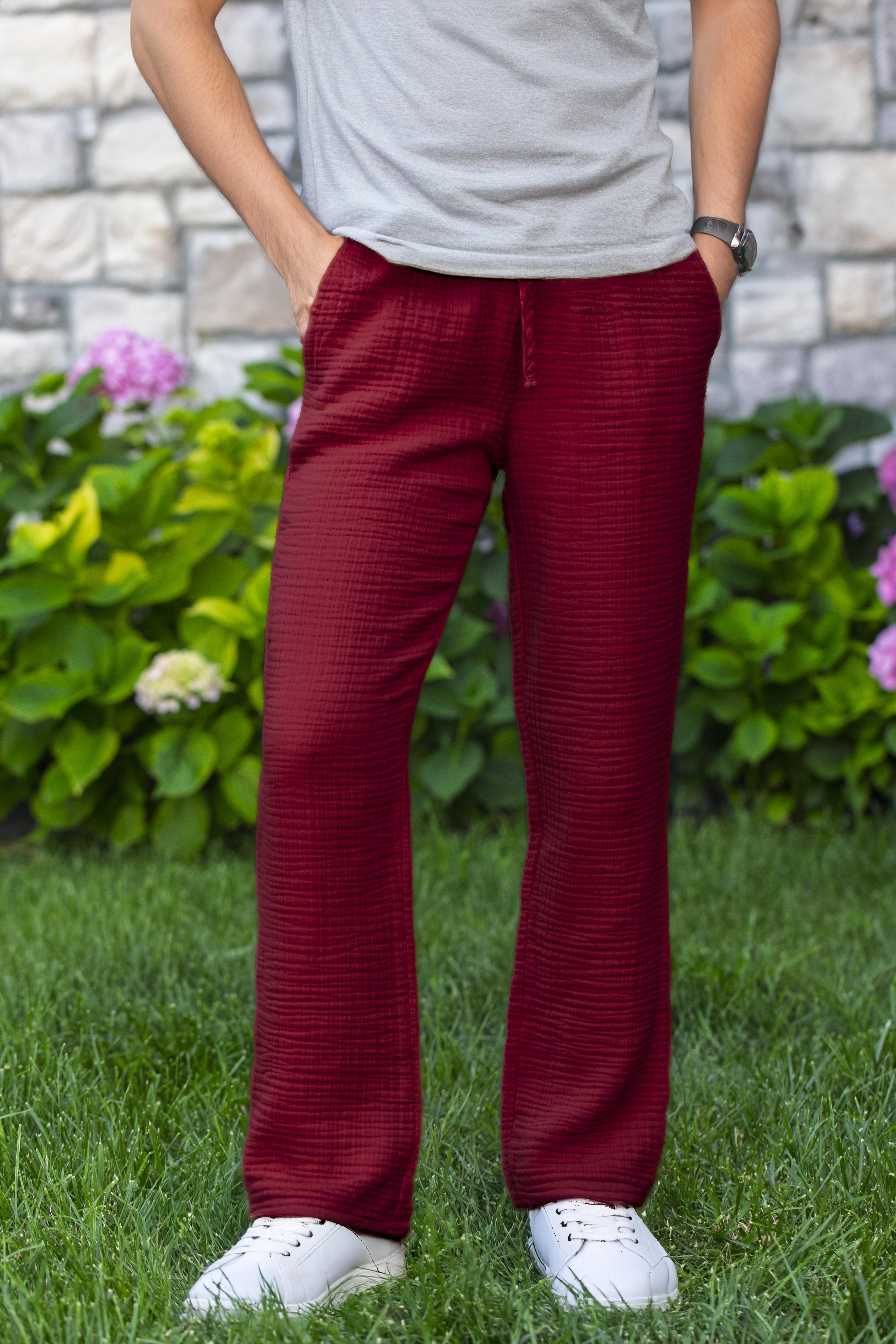 Beli Lastikli Multi Çift Cepli Müslin Erkek Yazlık Pantolon Bordo Brd