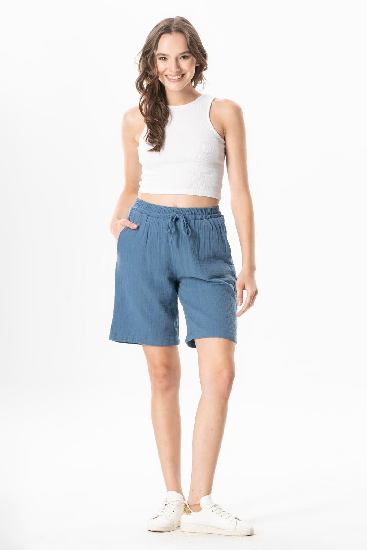 Beli Lastikli Rüzgar Diz Üstü Müslin Yazlık Şort İndigo indg