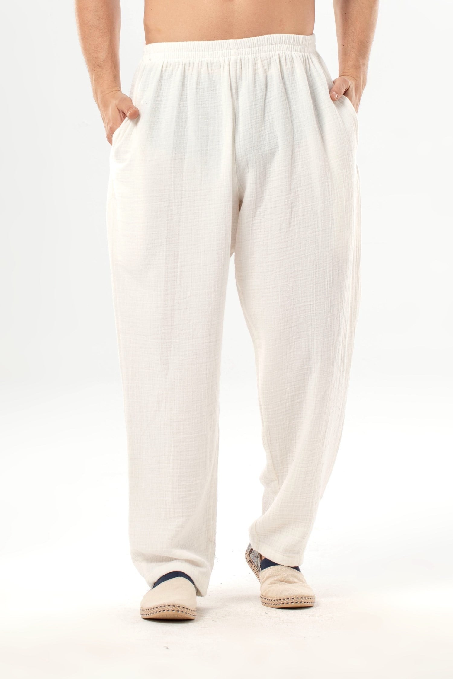 Beli Lastikli Yandan Çift Cepli Müslin Şalvar Pantolon Kırık Beyaz KrkByz