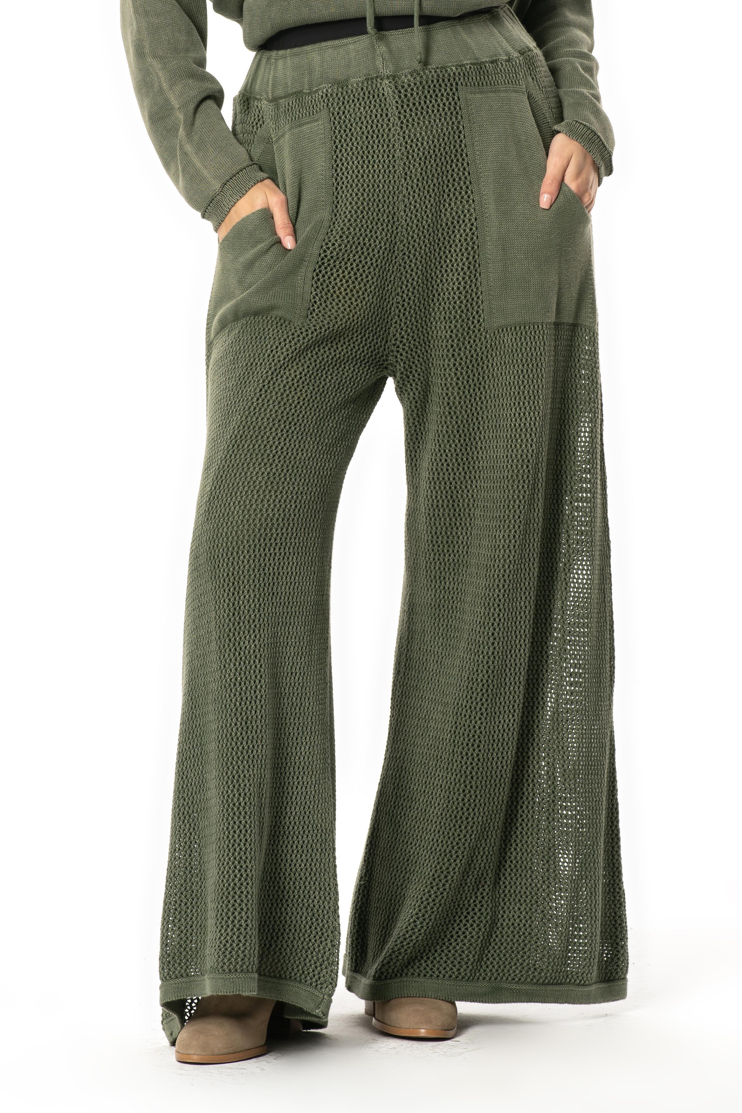 File Detaylı Bol Paça Beli Lastikli Uzun Sonbahar ve Kışlık Cepli Triko Pantolon Haki Hk