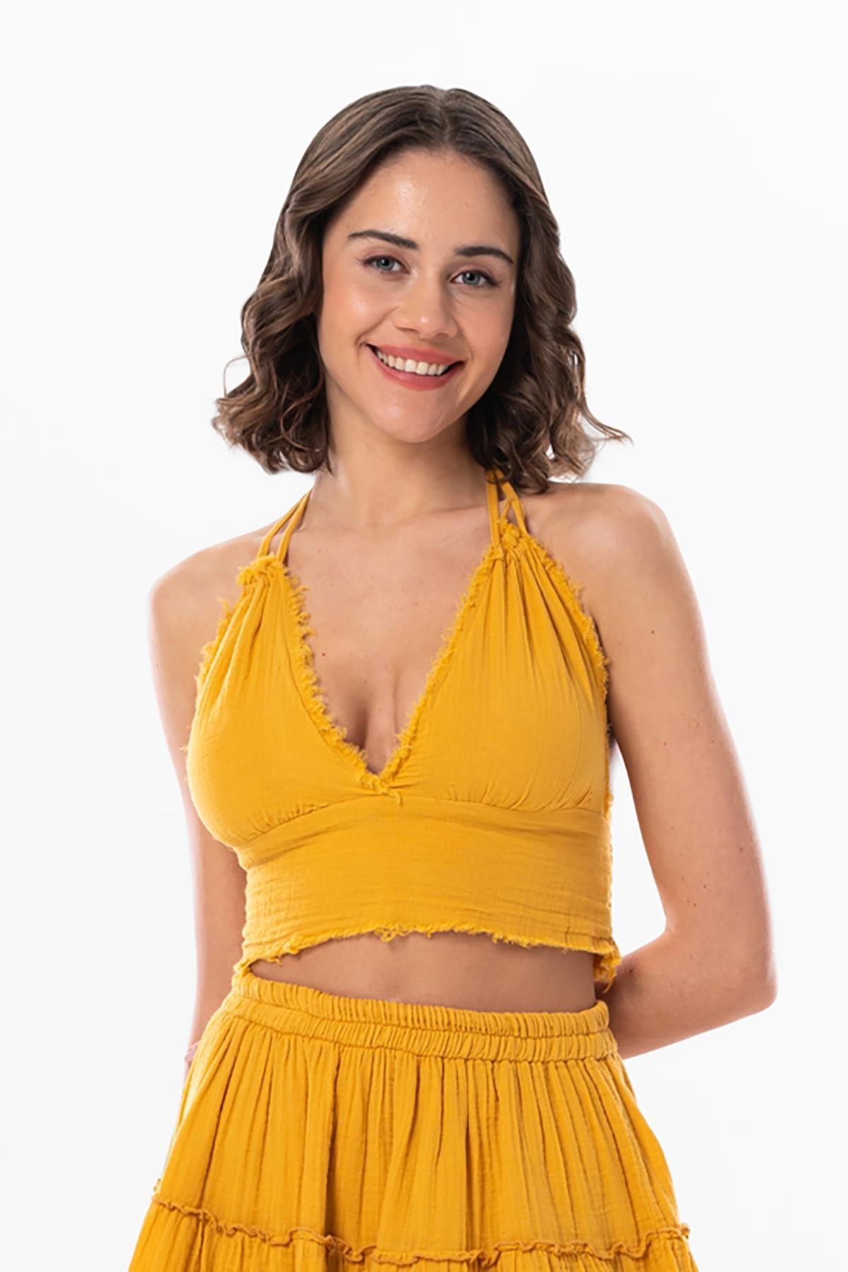 Göcek Bağlama Detaylı Yazlık Müslin Büstiyer Hardal Hrd