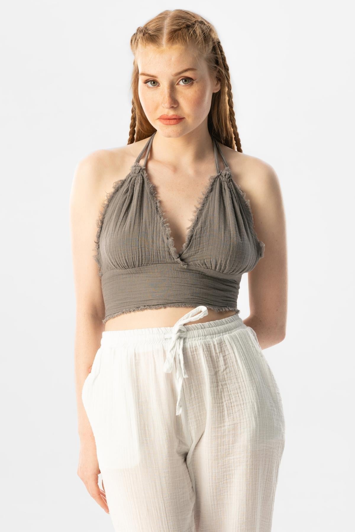 Göcek Bağlama Detaylı Yazlık Müslin Büstiyer Gri Gri