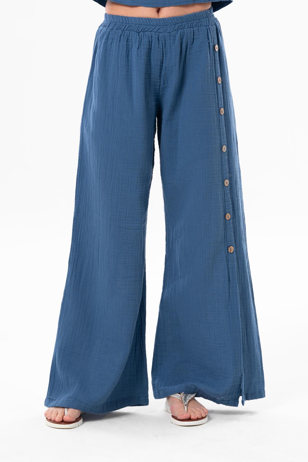 İzel Yırtmaçlı Yazlık Müslin Pantolon İndigo indg