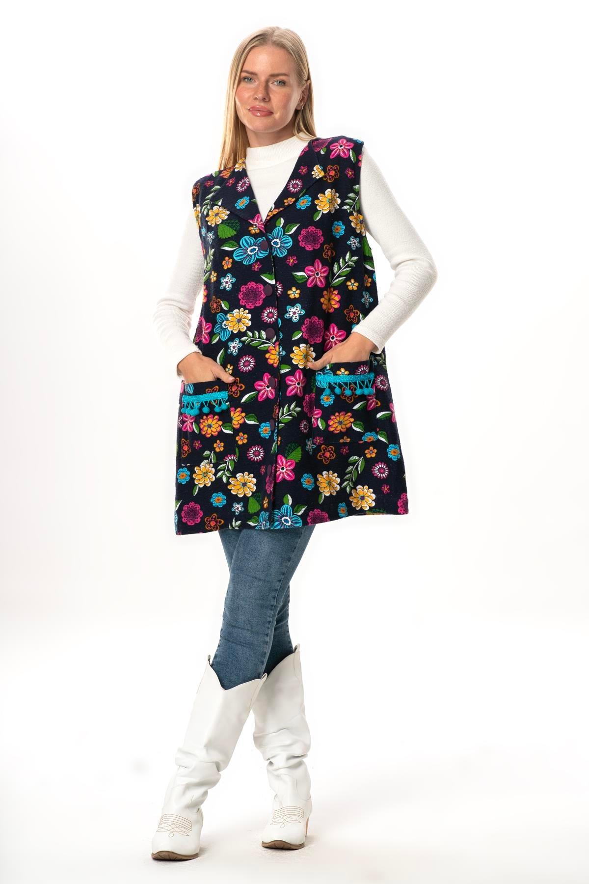 Kevser Çiçek Desenli Otantik Çift Cepli Kolsuz Pazen Kışlık Yelek Lacivert Lcvt