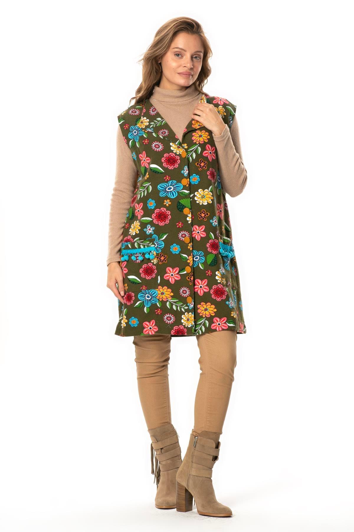 Kevser Çiçek Desenli Otantik Çift Cepli Kolsuz Pazen Kışlık Yelek Haki Hk