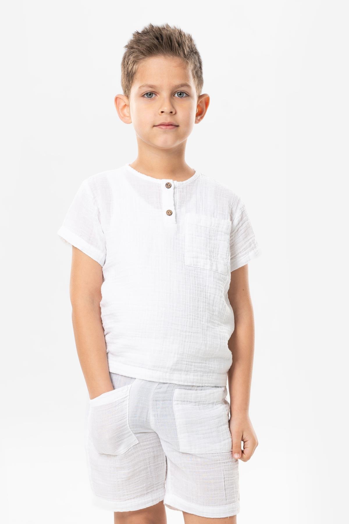 Kısa Kol Batı Cep Detaylı Yazlık Müslin Çocuk Tshirt Beyaz Byz