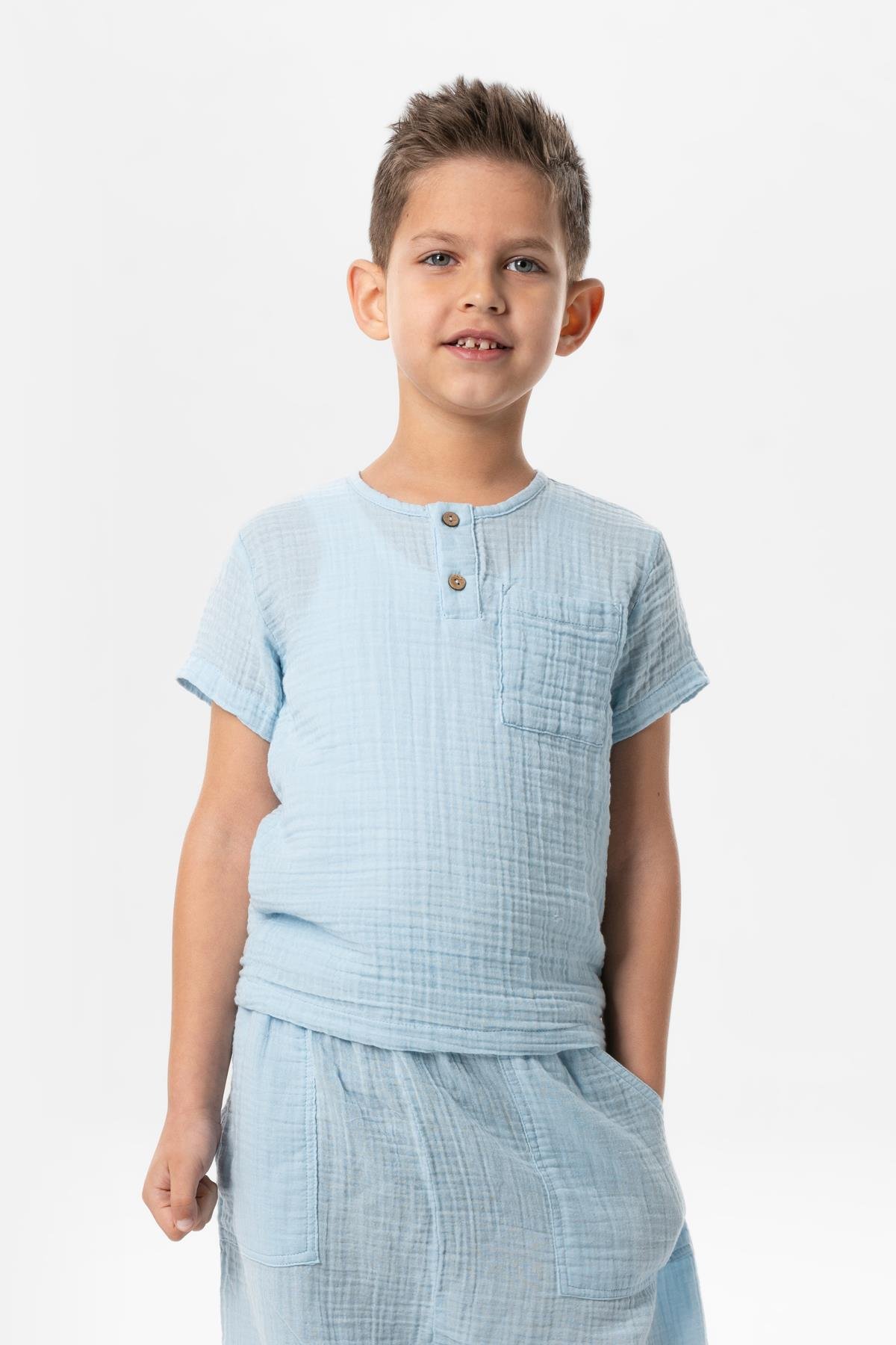 Kısa Kol Batı Cep Detaylı Yazlık Müslin Çocuk Tshirt Buz Mavi Bmv