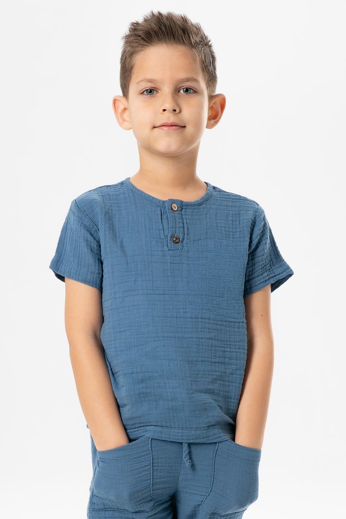 Kısa Kol Batı Yazlık Müslin Erkek Çocuk Tshirt İndigo indg