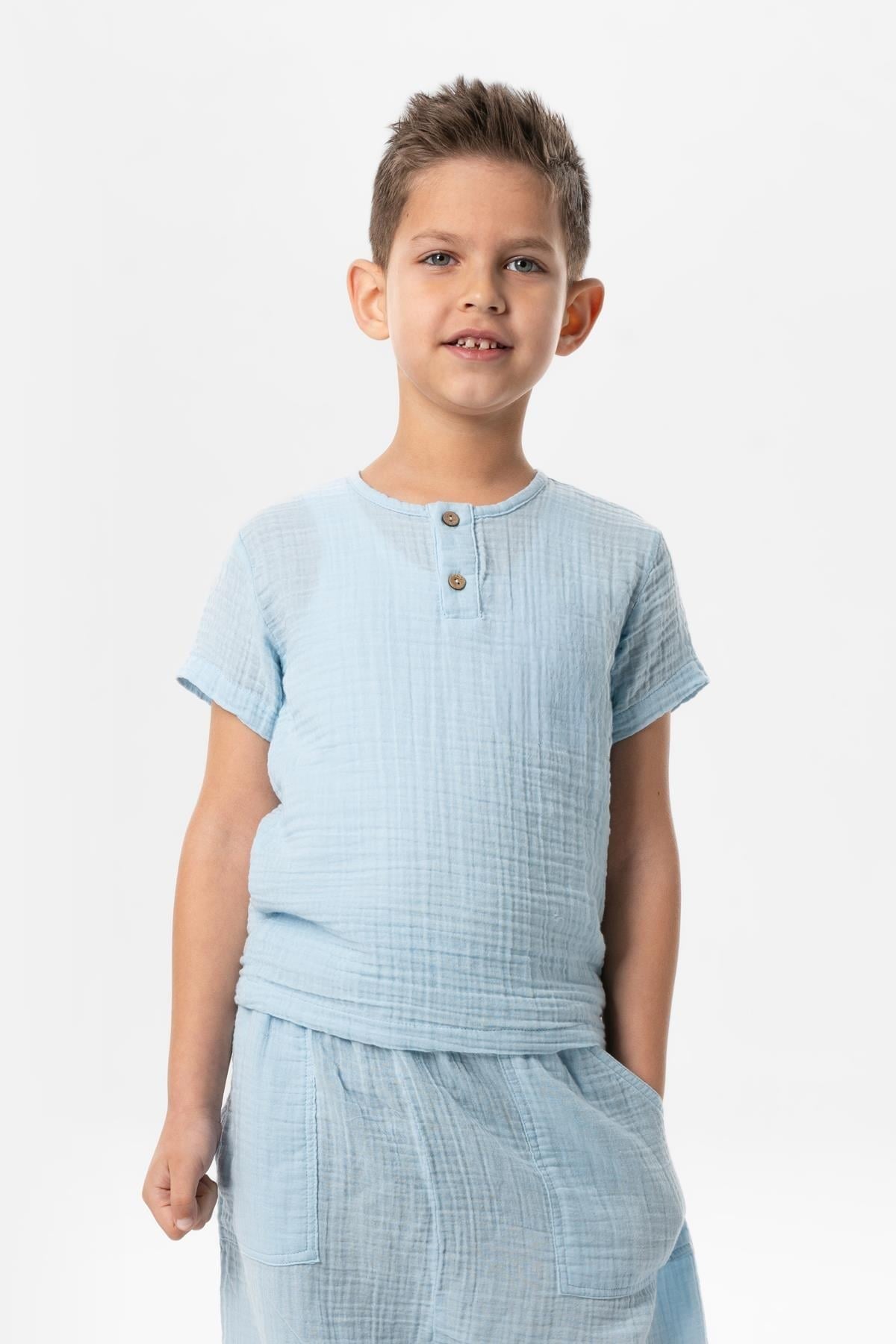 Kısa Kol Batı Yazlık Müslin Erkek Çocuk Tshirt Buz Mavi Bmv