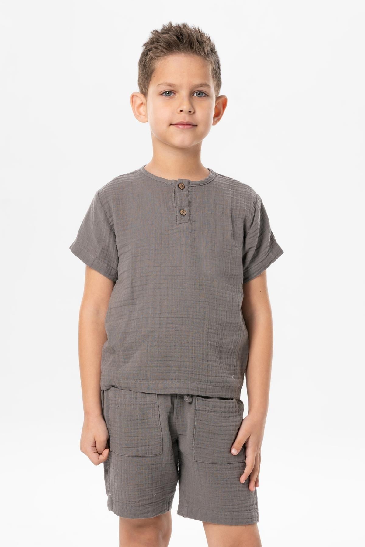 Kısa Kol Batı Yazlık Müslin Erkek Çocuk Tshirt Gri Gri