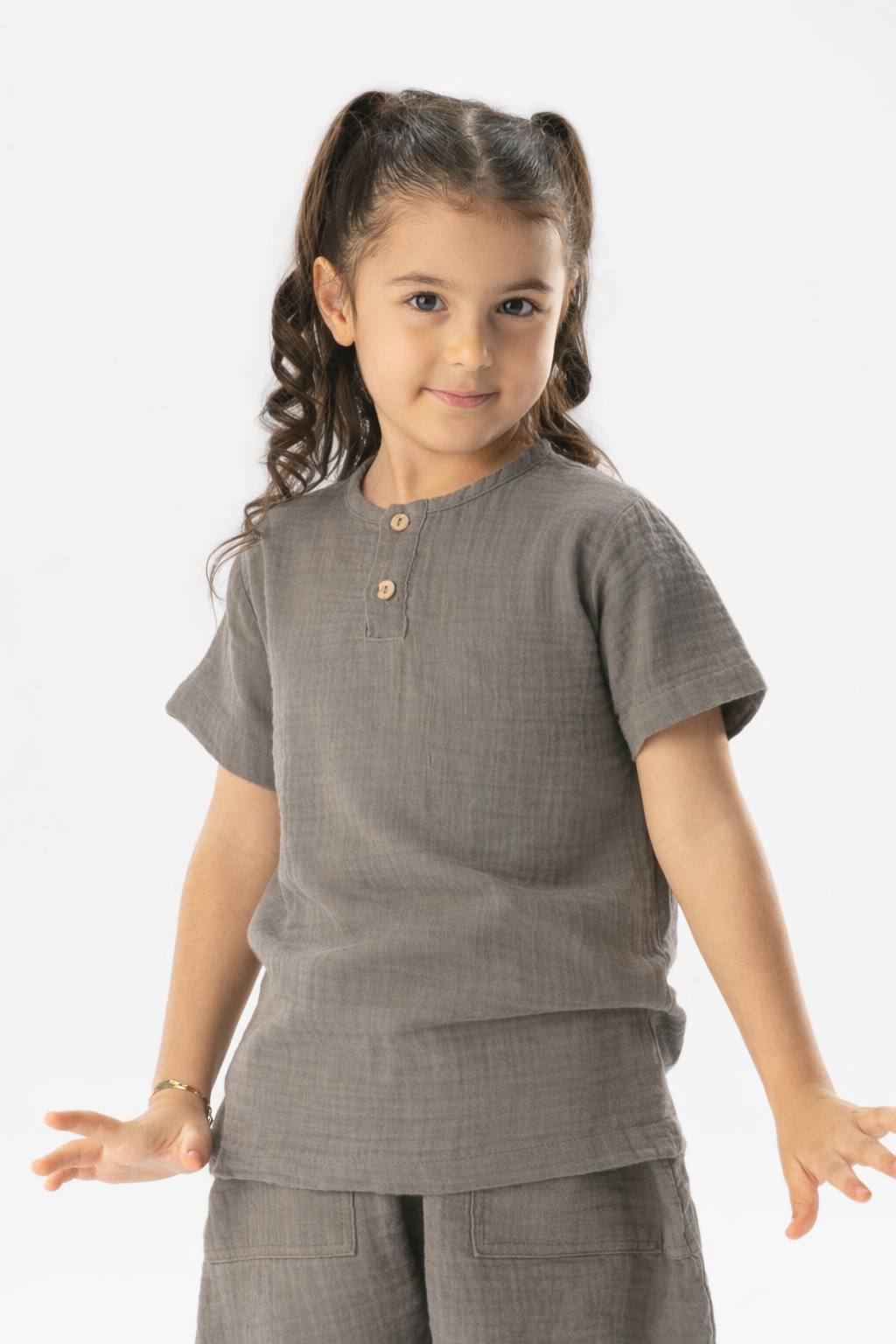 Kısa Kol Batı Yazlık Müslin Kız Çocuk Tshirt Gri Gri