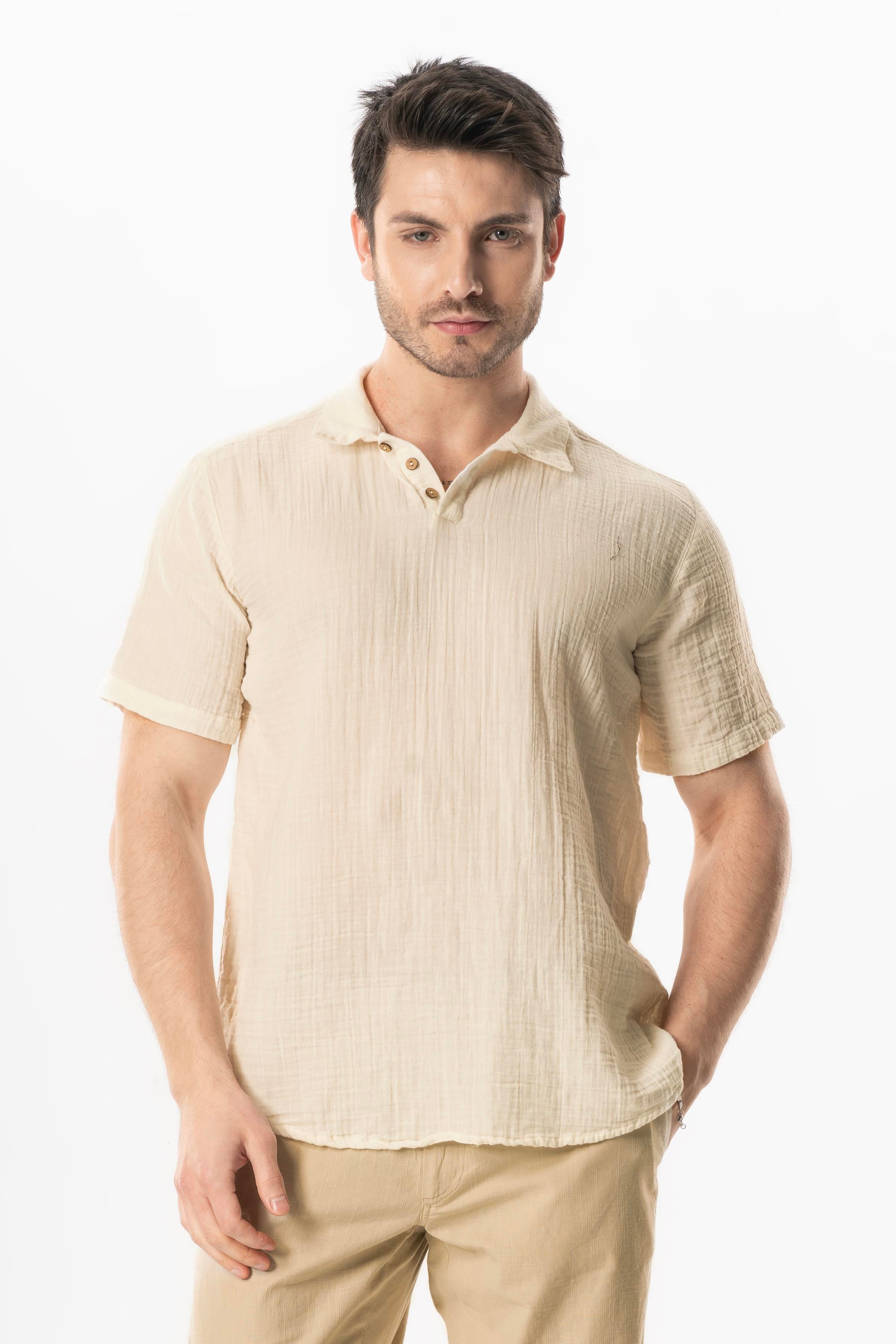 Kısa Kol Polo Yaka Müslin Yazlık Tshirt Bej Bej