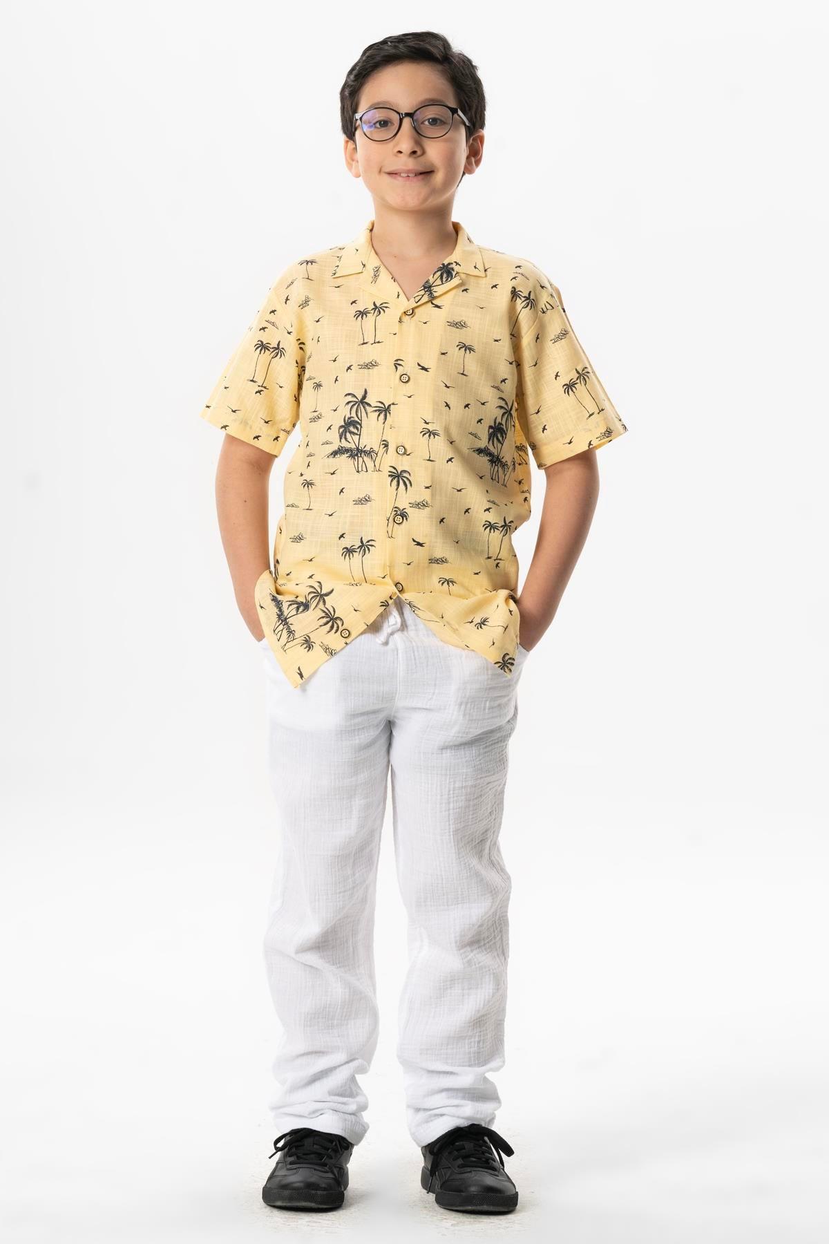 Kısa Kol Şile Bezi Baskılı Çocuk Yazlık Gömlek Sarı Sarı