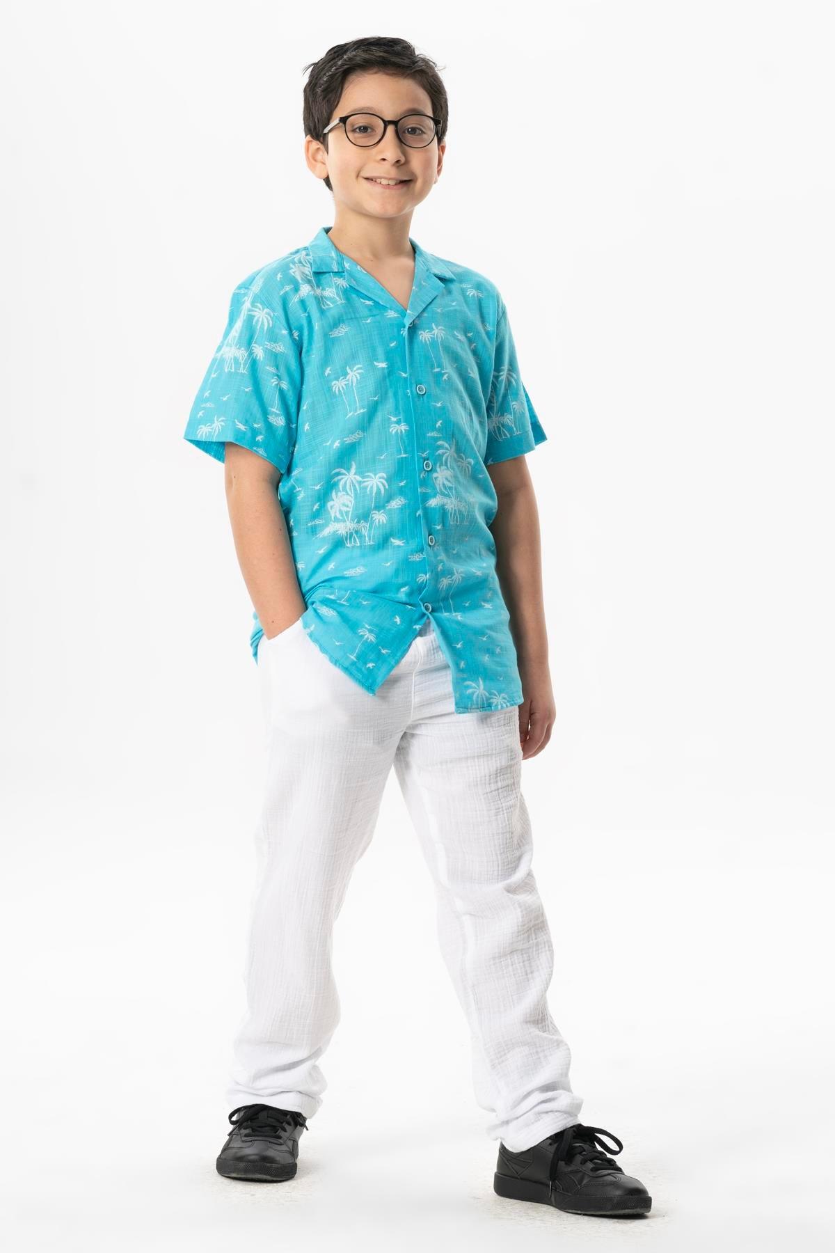 Kısa Kol Şile Bezi Baskılı Çocuk Yazlık Gömlek Turkuaz Trkz