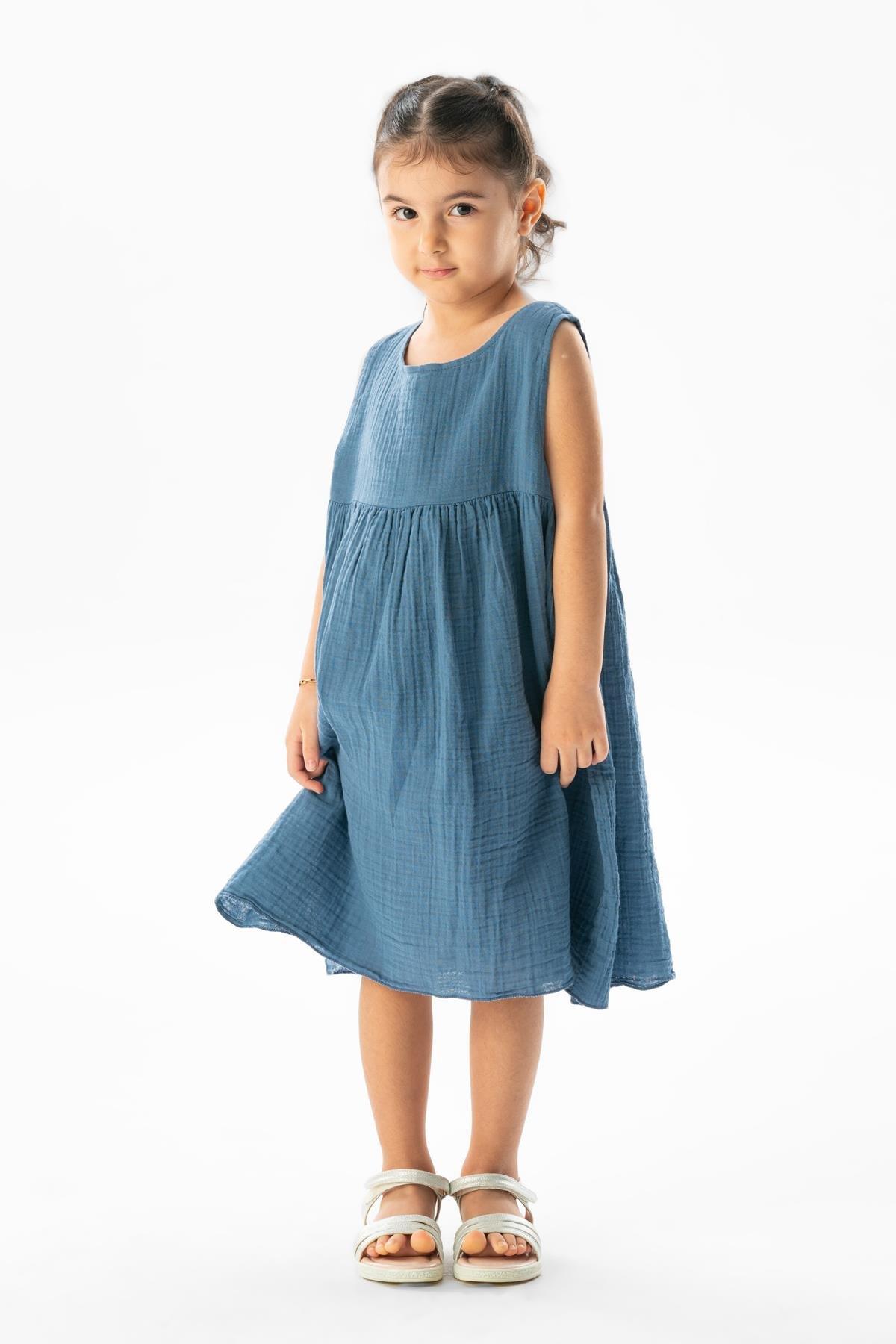 Kolsuz Bilge Yazlık Müslin Çocuk Elbise İndigo indg