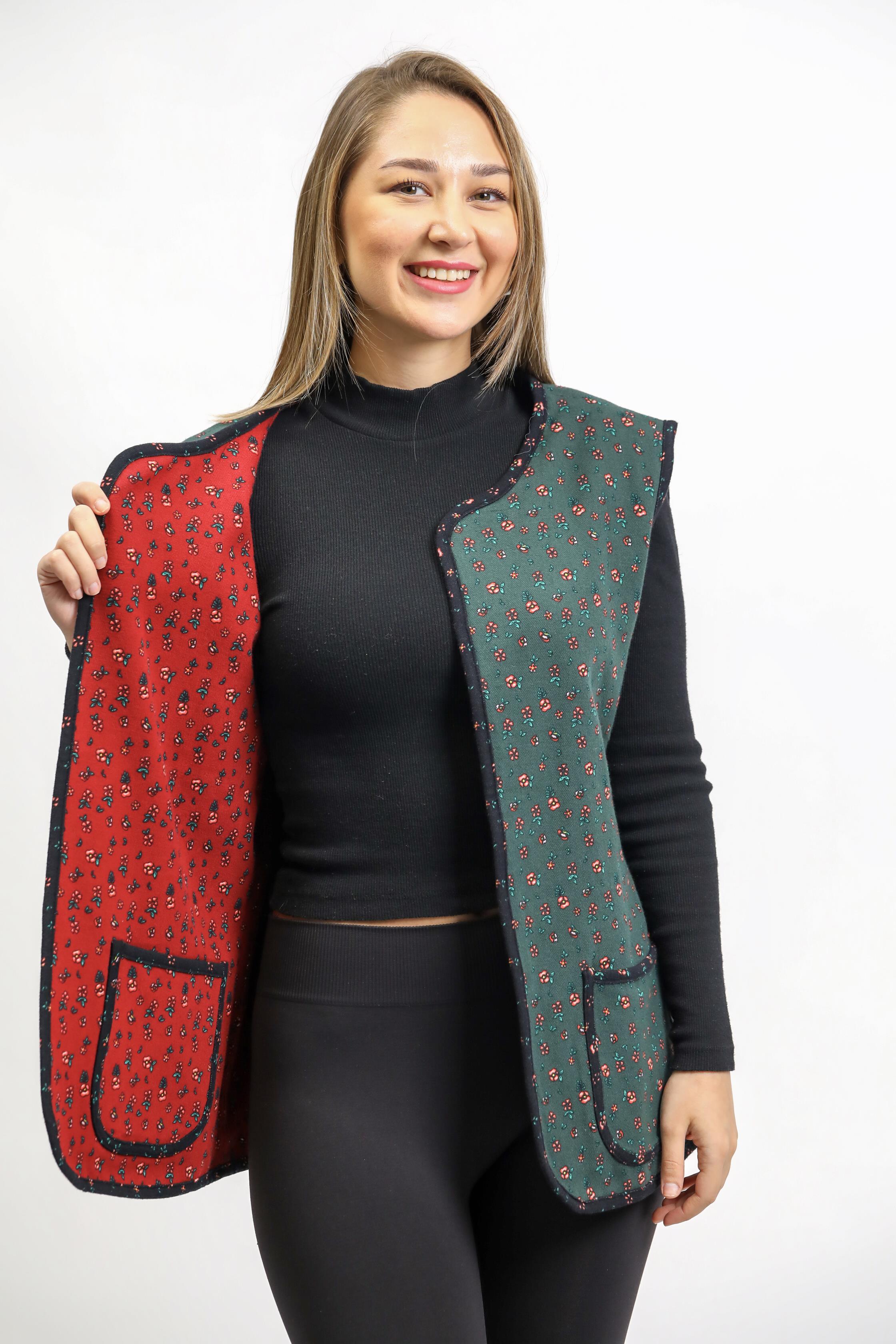 Kolsuz Meryem Çift Taraflı Cepli Pazen Kışlık Yelek Yeşil/Bordo Yşl/Brd