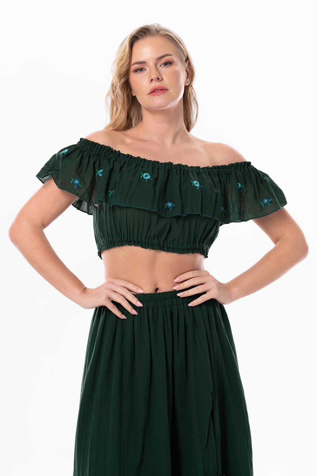 Lavinya Vual Lastik Detaylı Nakışlı Yazlık Crop Bluz Yeşil Ysl