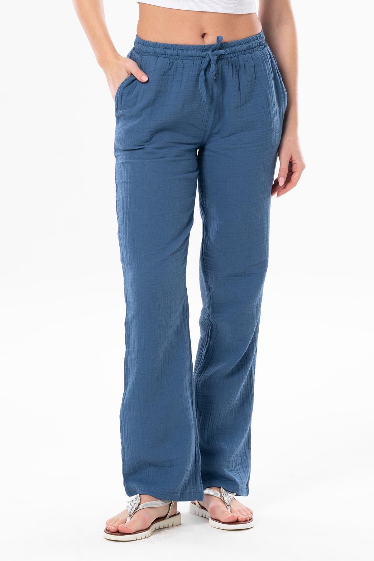 Müslin Beli Bağcıklı Çift Cepli Kadın Yazlık Pantolon İndigo indg