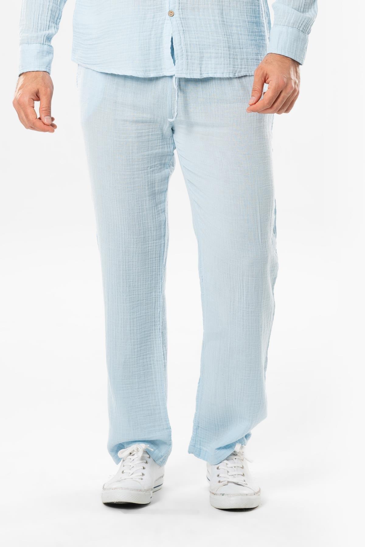Müslin Beli Lastikli Çift Cepli Erkek Yazlık Pantolon Buz Mavi Bmv
