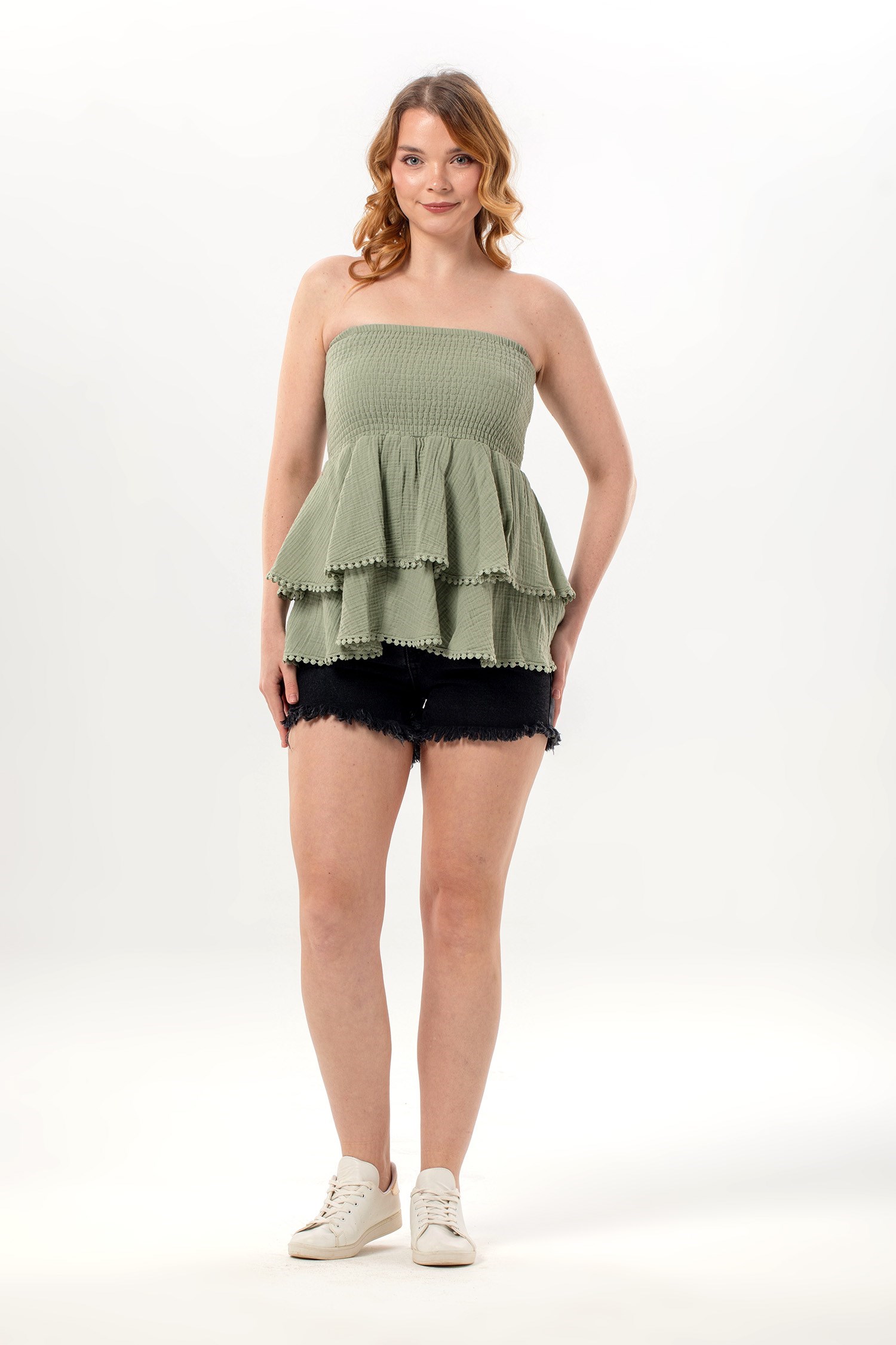 Sevilay Kat Kat Volanlı Müslin Bluz-Etek Zeytin Yeşili Zytnysl