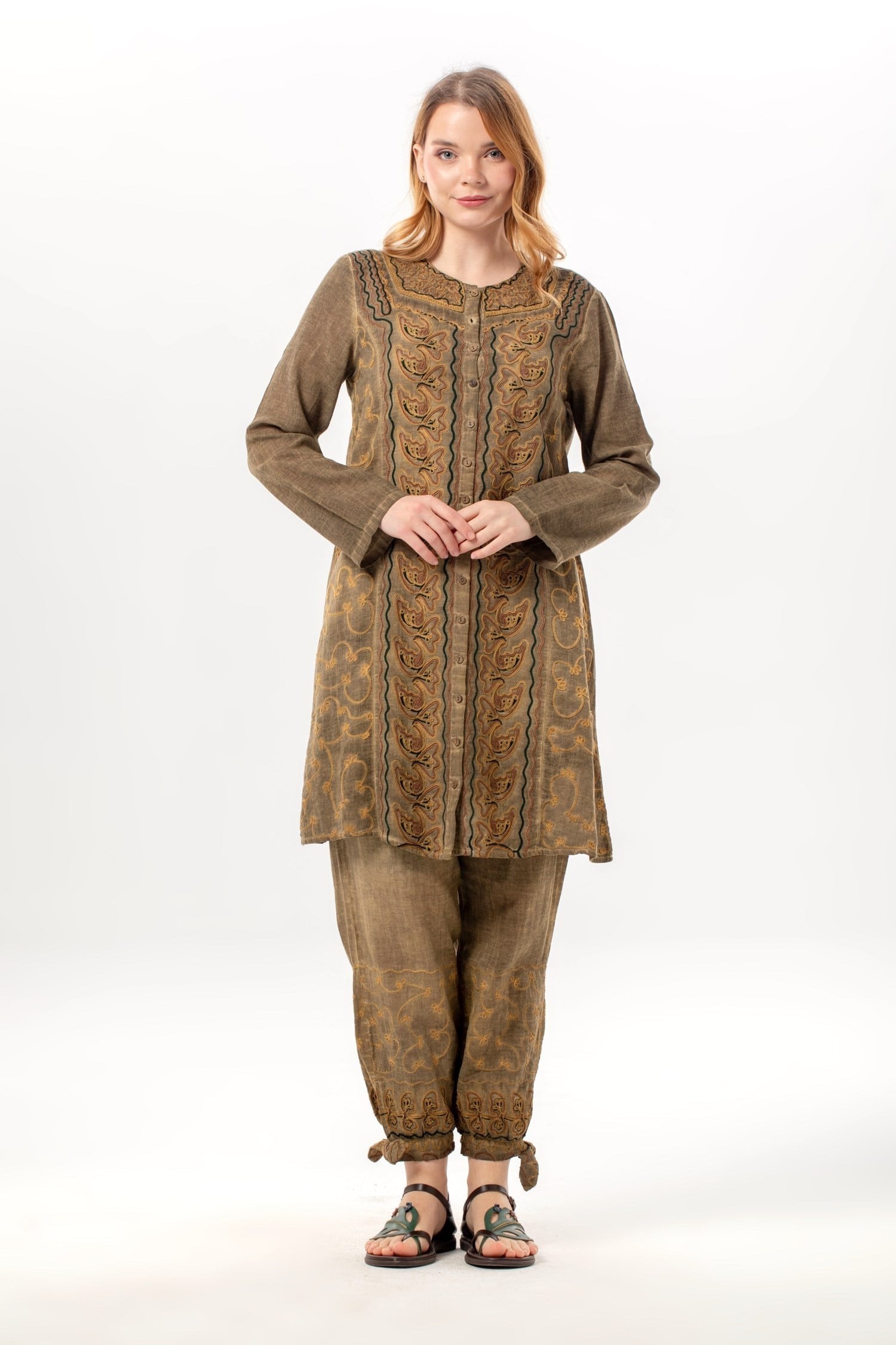 Uzun Katlanabilir Kol İnka Düğmeli Yazlık Otantik Nakışlı Poplin Tunik Toprak Tprk