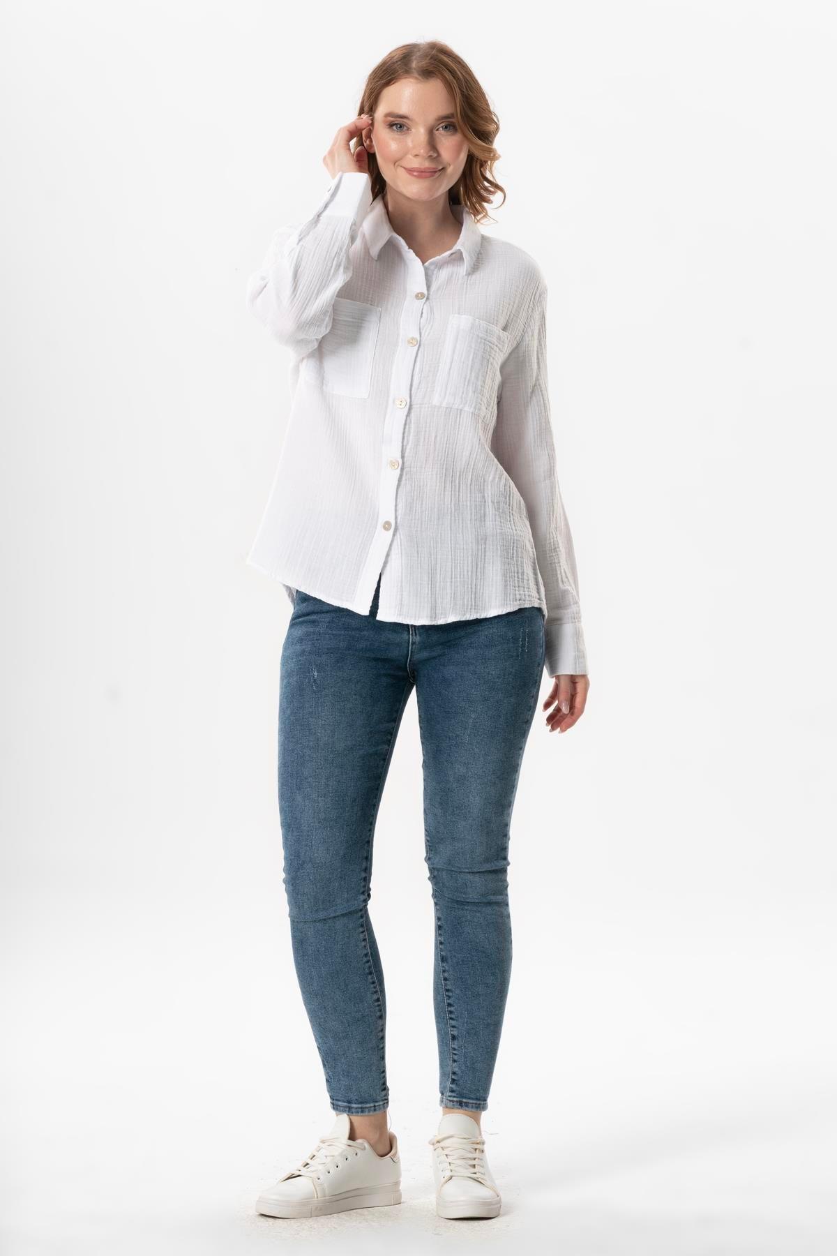 Uzun Kol Burcu Cep Detaylı Müslin Yazlık Gömlek Beyaz Byz