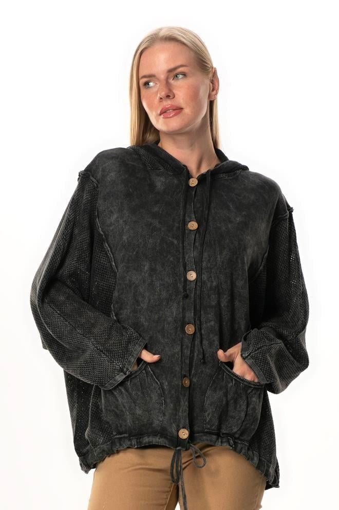 Uzun Kol Ceren Fileli Düğme Detaylı Çift Cepli Kışlık Kapüşonlu Triko Bluz Füme Fm