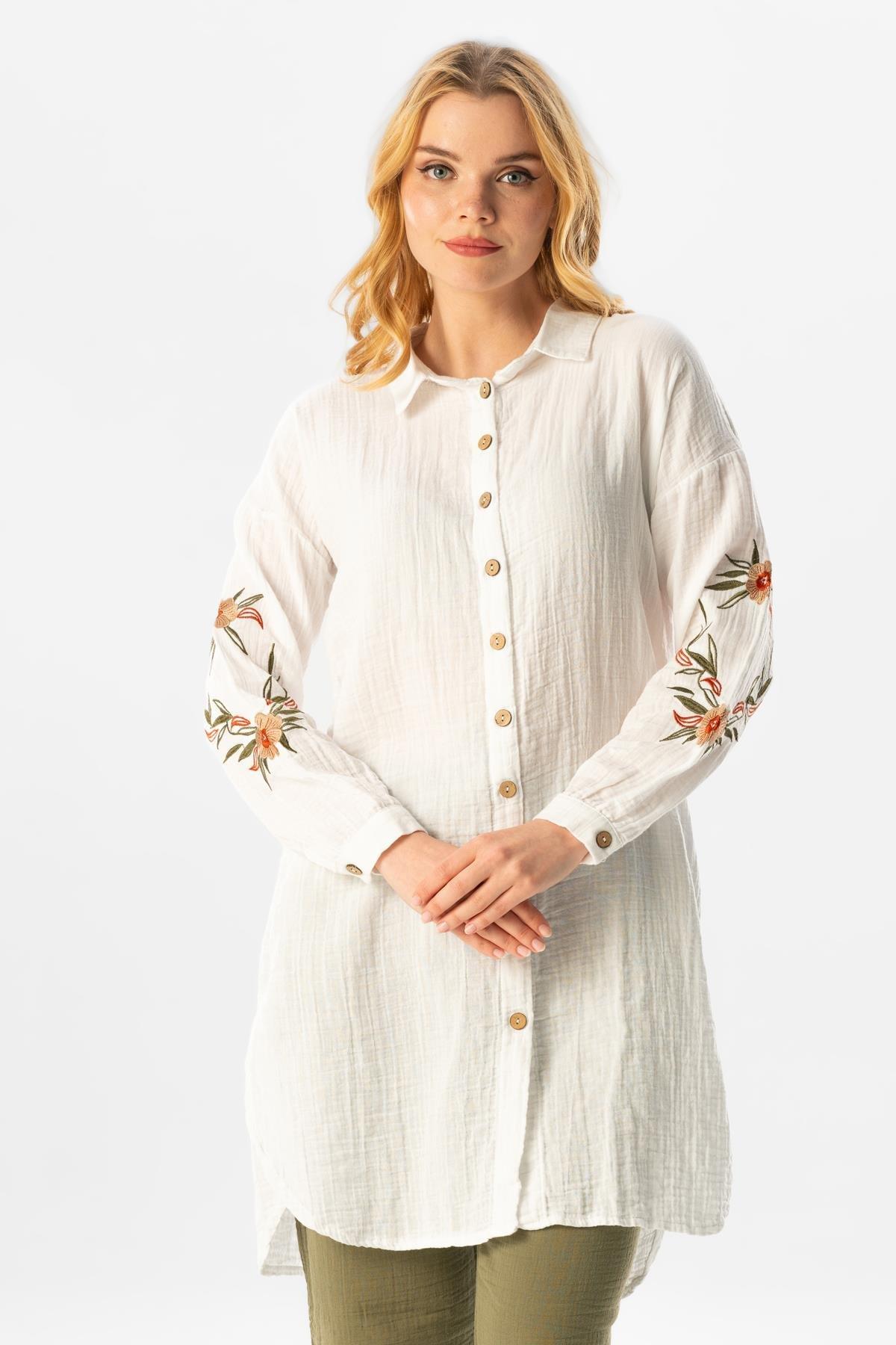 Uzun Kol Deste Gömlek Yaka Yazlık Müslin Tunik Beyaz Byz