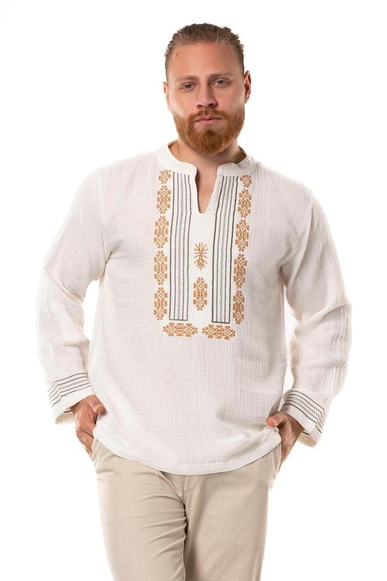 Uzun Kol İbiza Nakışlı Müslin Erkek Yazlık Tshirt Kırık Beyaz KrkByz