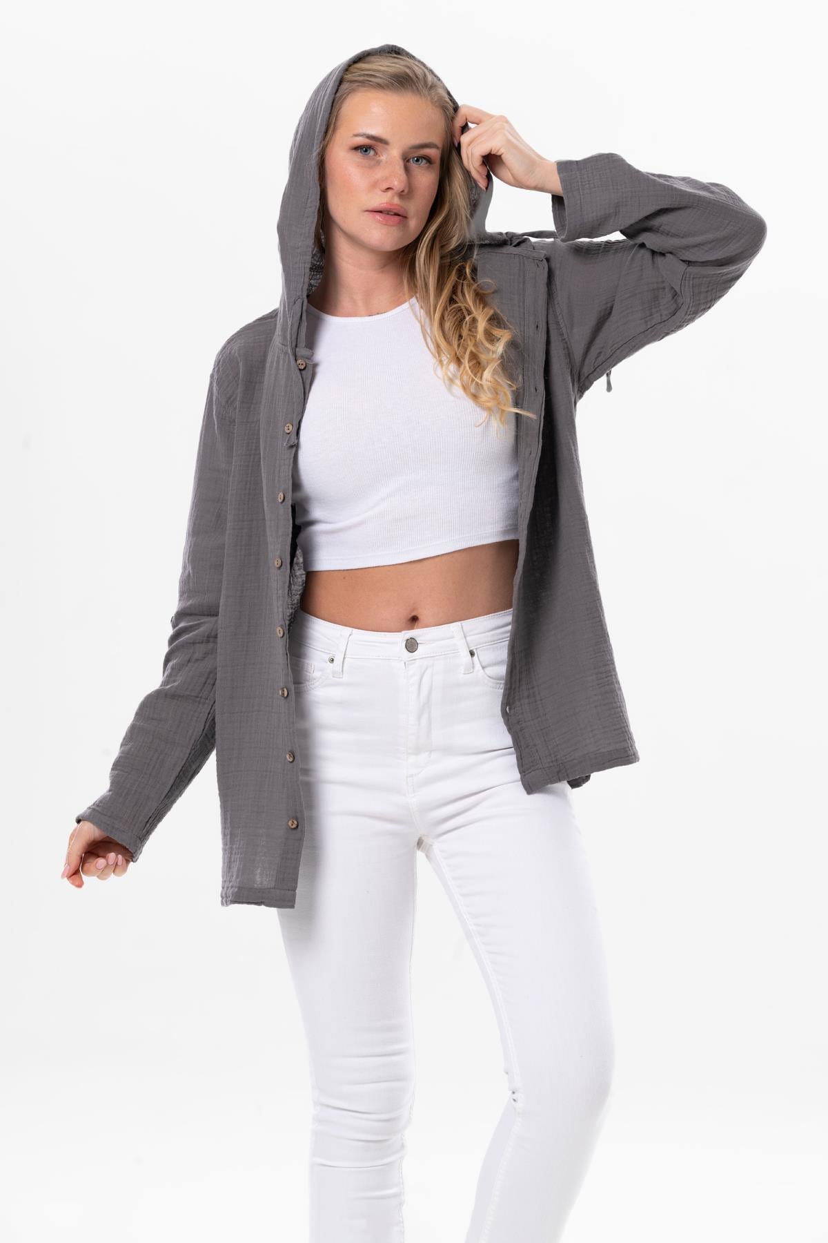 Uzun Kol Kapüşonlu Yazlık Müslin Sweatshirt Gri Gri