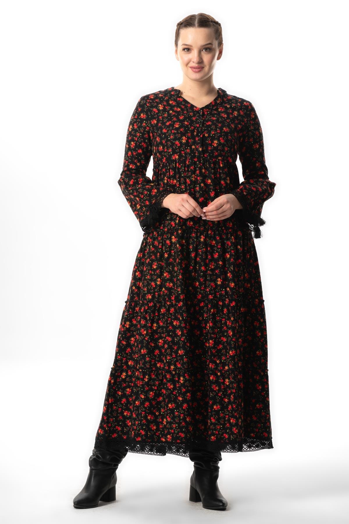 Uzun Kol Seçil Pazen Sonbahar ve Kışlık Uzun Elbise Gül Desen Siyah Syh