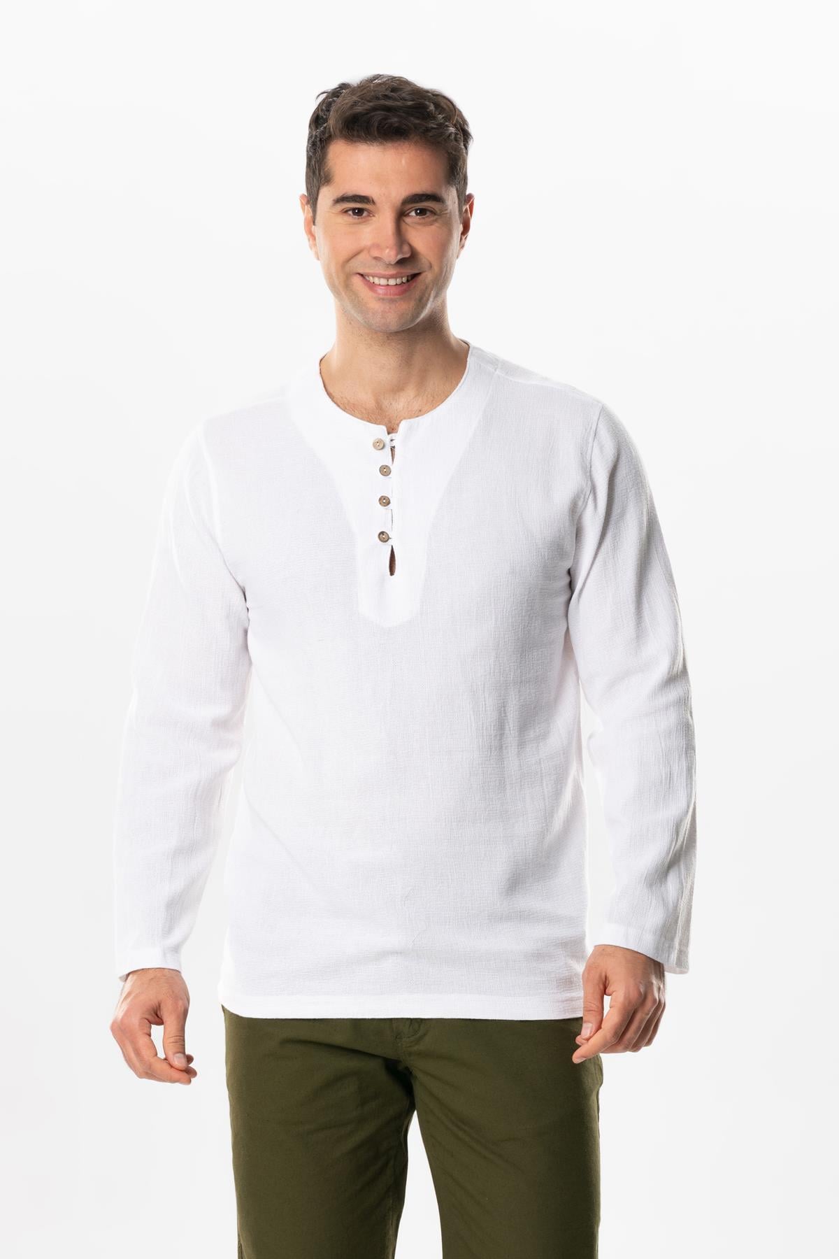 Uzun Kol Violet Halikarnas Düğme Detaylı Yazlık Tshirt Beyaz Byz