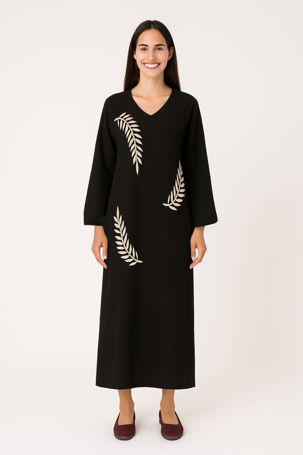 Uzun Kol Yaprak V Yaka Baskılı Müslin Uzun Otantik Yazlık Elbise Siyah-Siyah Syh/Syh