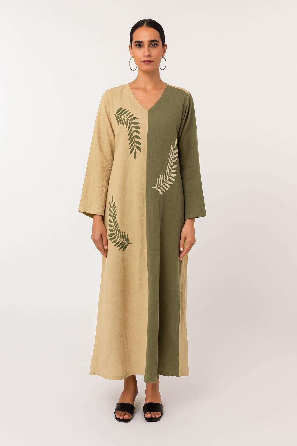 Uzun Kol Yaprak V Yaka Baskılı Müslin Uzun Otantik Yazlık Elbise Vizon/Haki Vzn/Hk