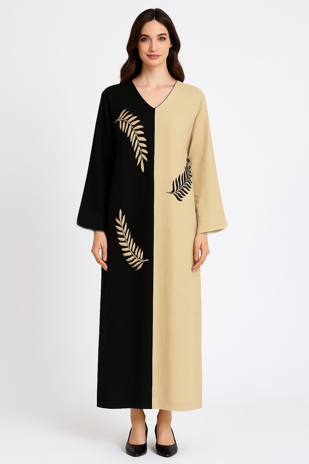 Uzun Kol Yaprak V Yaka Baskılı Müslin Uzun Otantik Yazlık Elbise Siyah/Vizon Syh/Vzn