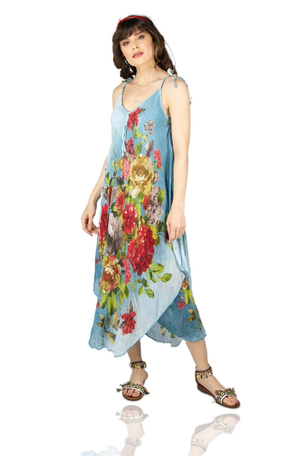 Toptan Askılı Vual Otantik Afrodit Midi Boy Yazlık Elbise Buz Mavi