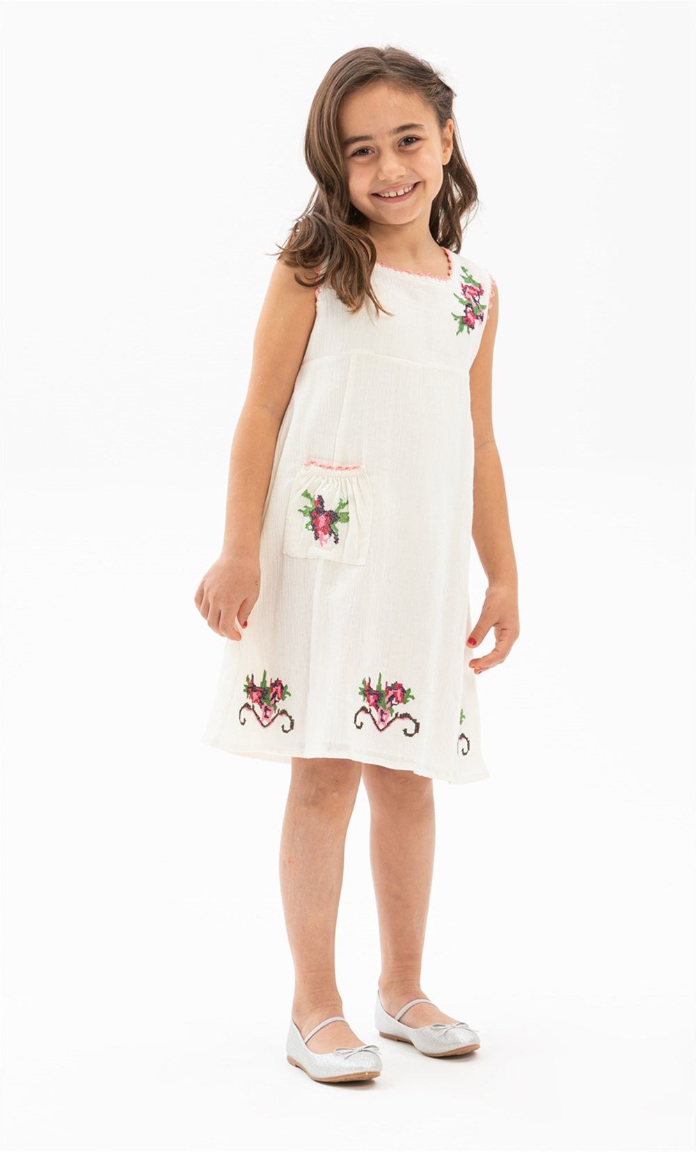 Toptan Kolsuz Burçak Şile Bezi Yazlık Çocuk Elbise Krem