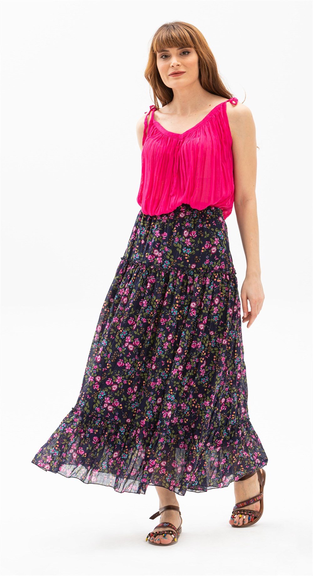 Toptan Buse Vual Uzun Tesettür Yazlık Etek Tomurcuk Desen Koyu Mor