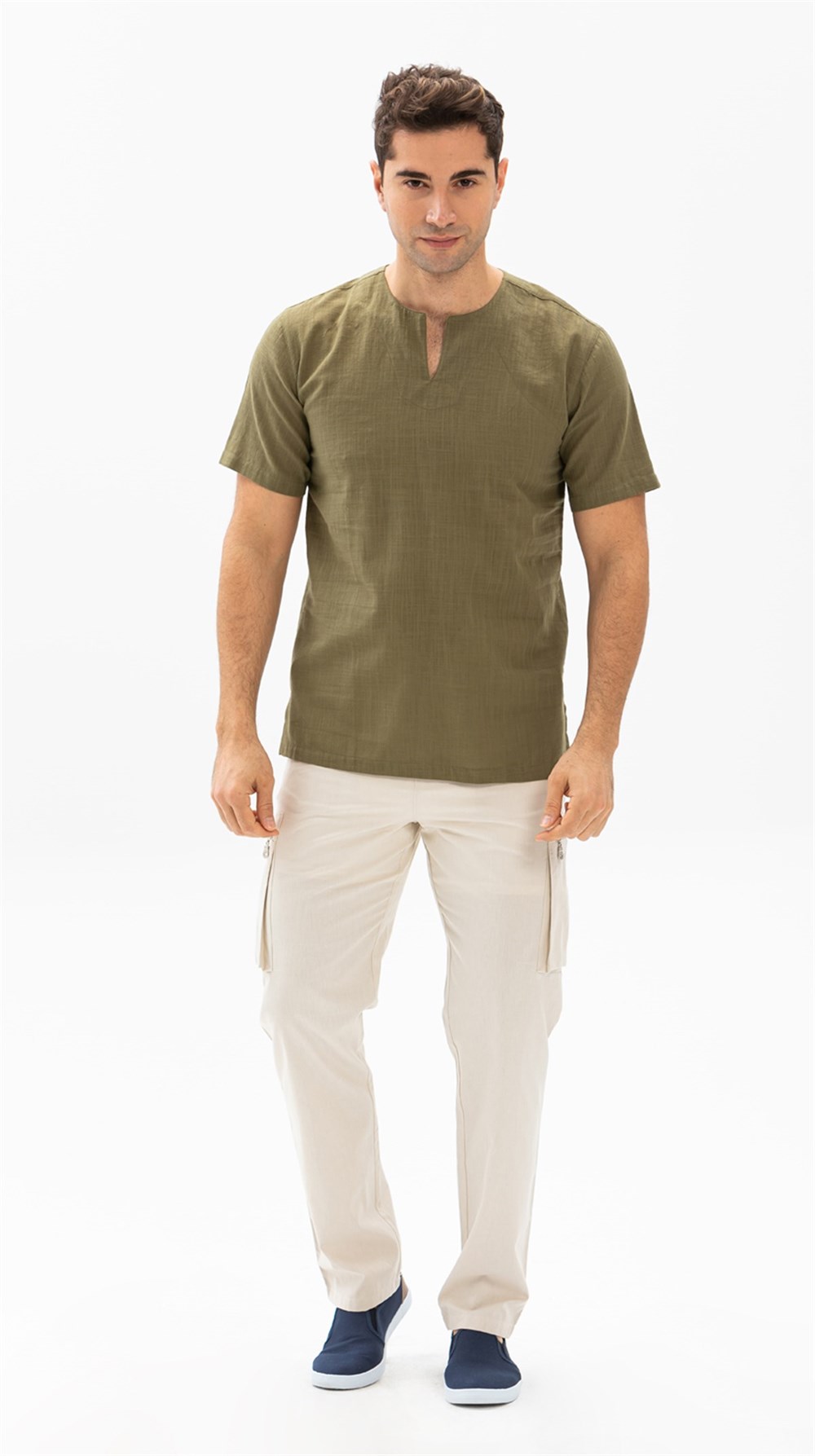 Toptan Büyük Beden Kısa Kol Şile Bezi Bisiklet Yaka Yazlık Erkek Tshirt Haki 3049