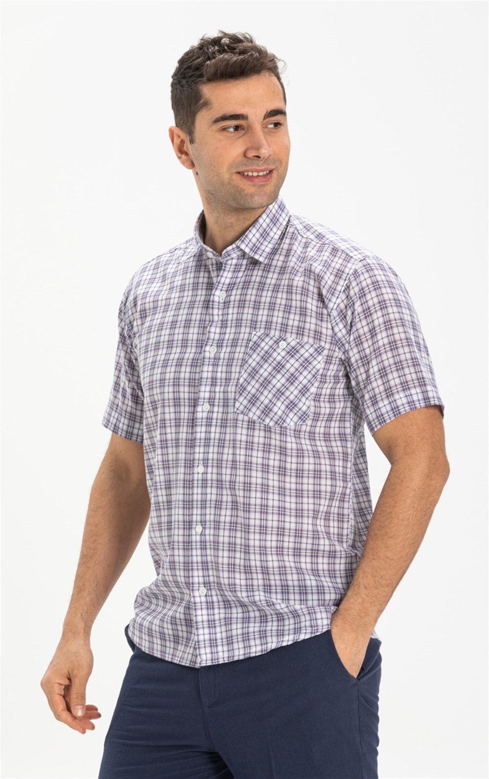 Toptan Büyük Beden Kısa Kol Şile Bezi Tek Cepli Erkek Yazlık Gömlek Mor Kareli