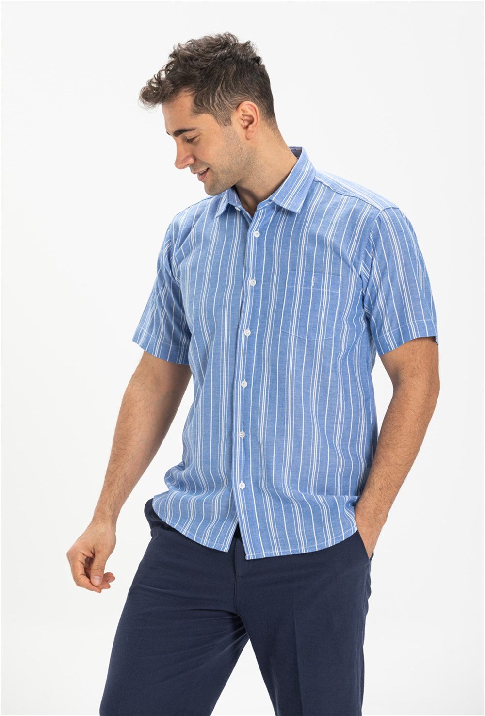 Toptan Büyük Beden Kısa Kol Şile Bezi Tek Cepli Erkek Yazlık Gömlek Mavi Beyaz Çizgi