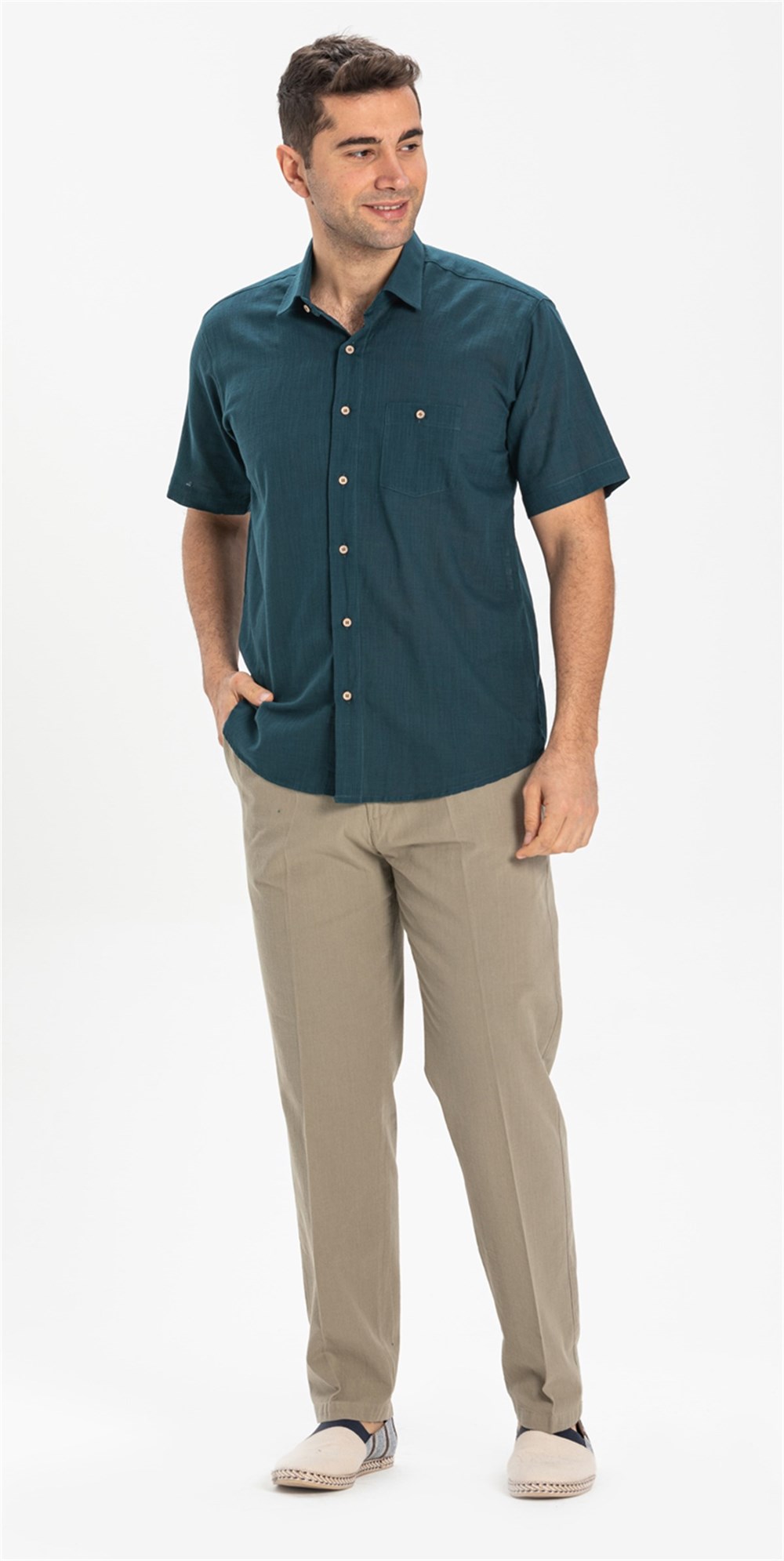 Toptan Büyük Beden Kısa Kol Şile Bezi Tek Cepli Erkek Yazlık Gömlek Koyu Petrol