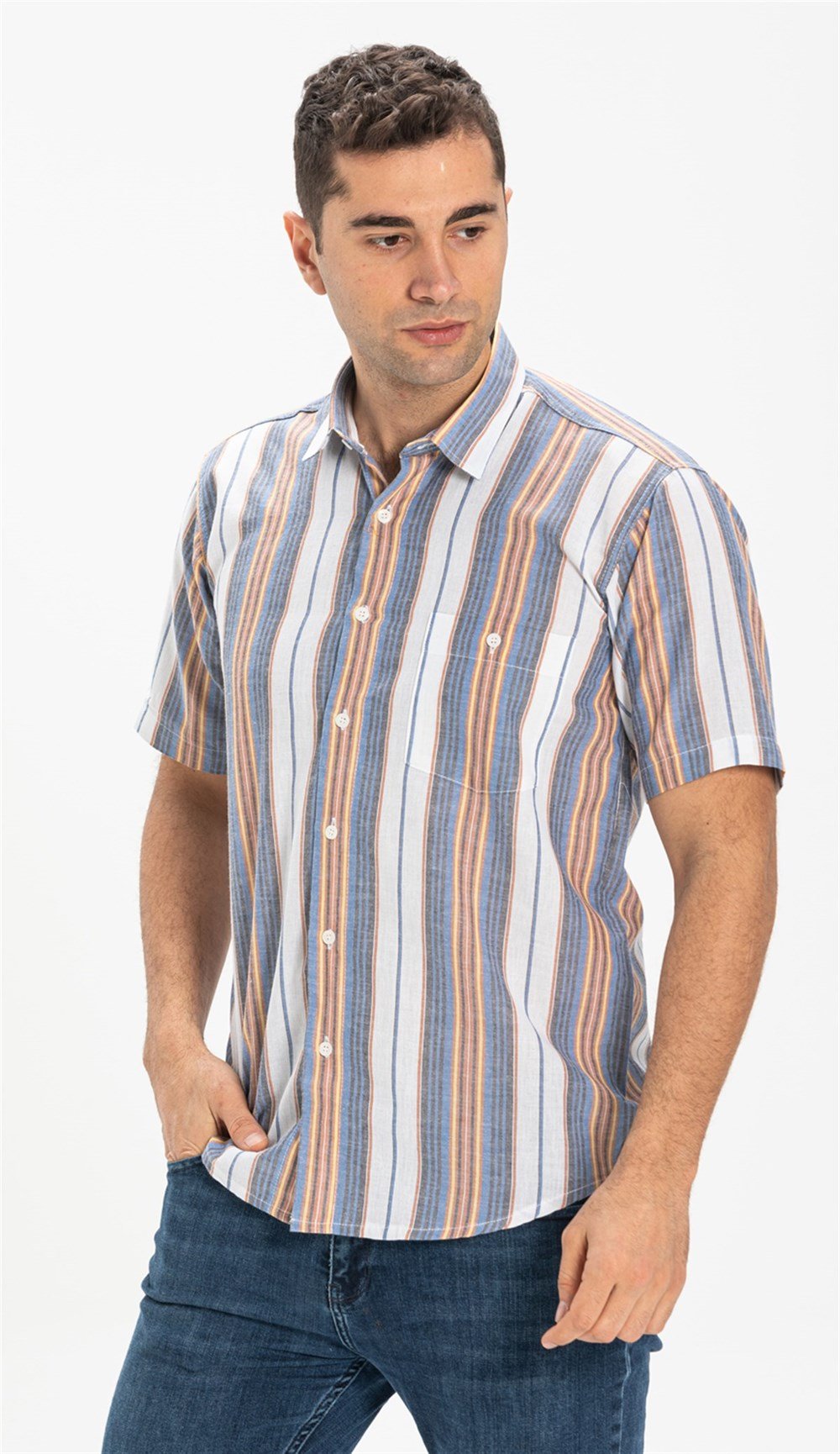 Toptan Büyük Beden Kısa Kol Şile Bezi Tek Cepli Erkek Yazlık Gömlek Mavi Gri Çizgili