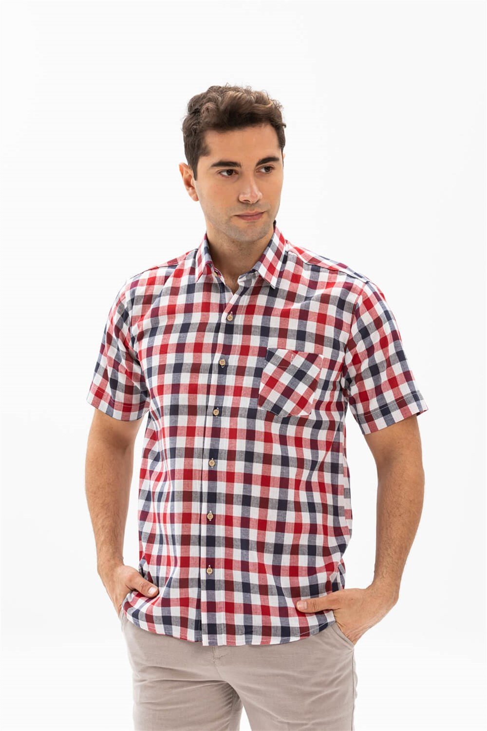 Toptan Büyük Beden Kısa Kol Şile Bezi Tek Cepli Erkek Yazlık Gömlek Kırmızı Lacivert Kareli