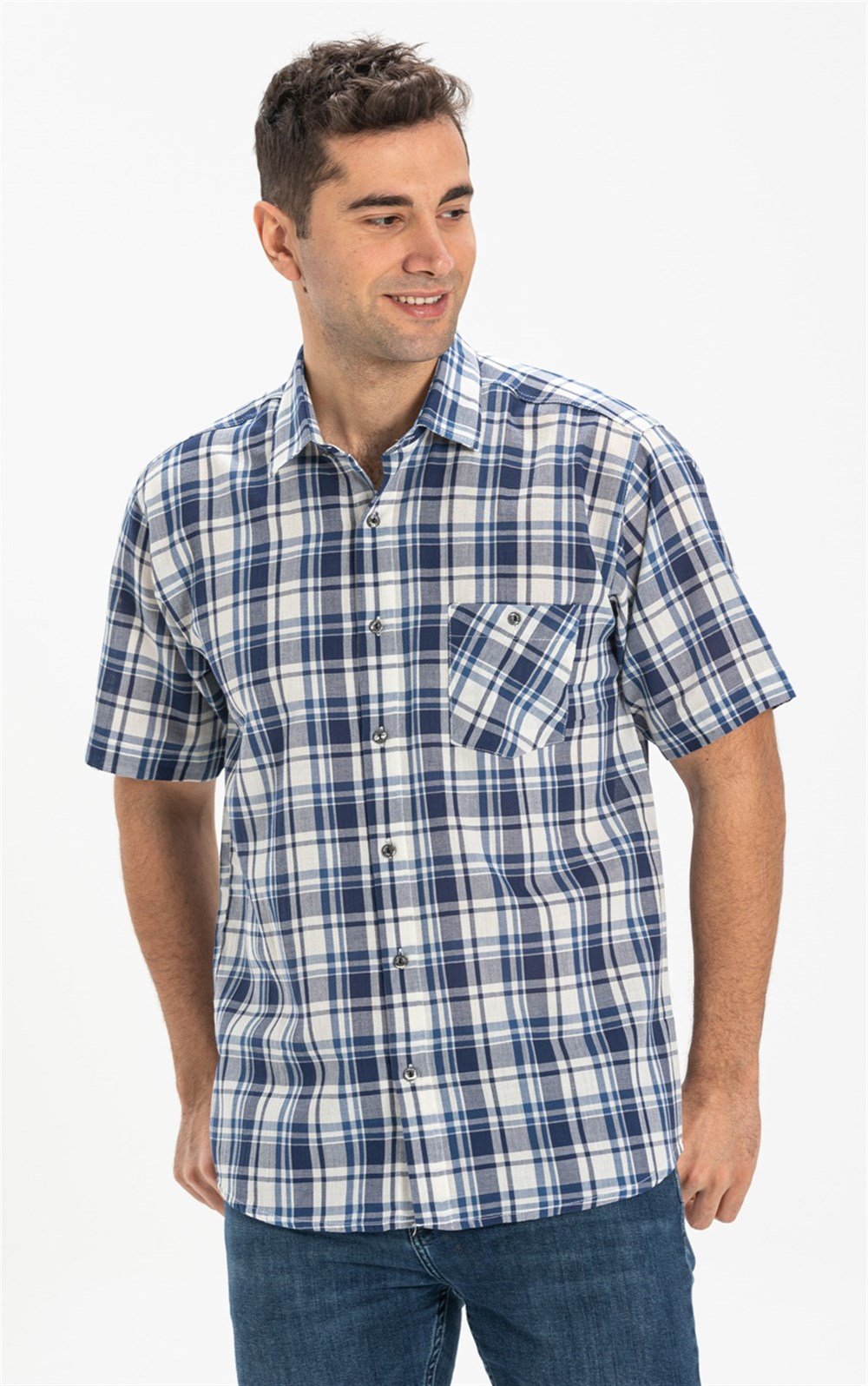 Toptan Büyük Beden Kısa Kol Şile Bezi Tek Cepli Erkek Yazlık Gömlek Lacivert Ekose