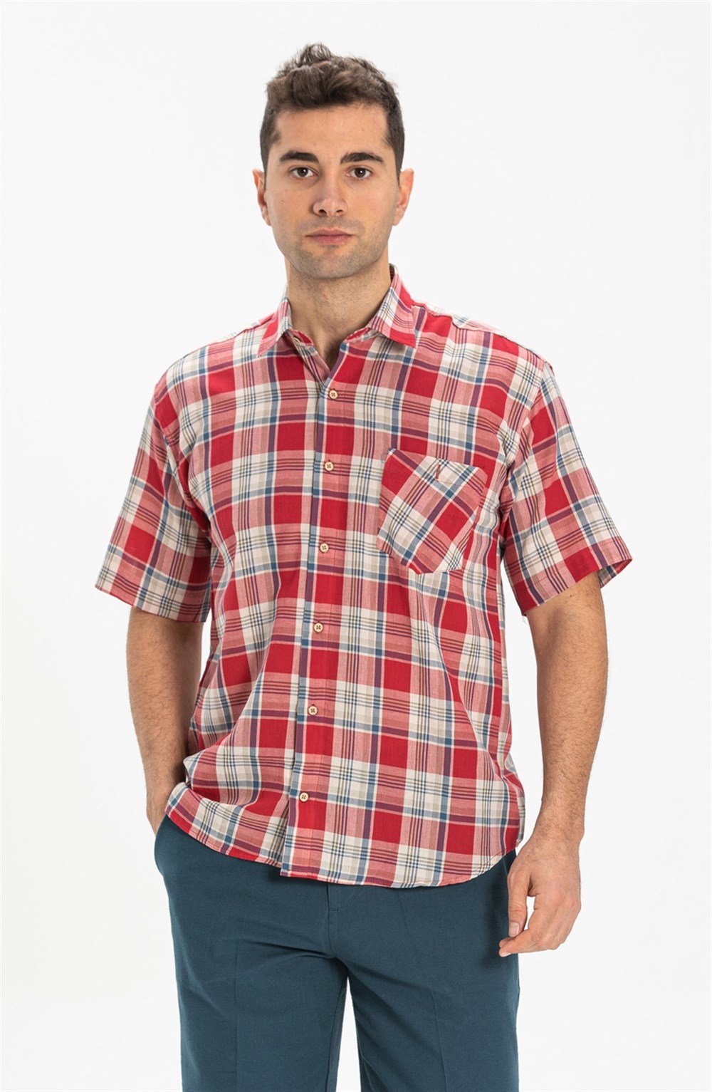 Toptan Büyük Beden Kısa Kol Şile Bezi Tek Cepli Erkek Yazlık Gömlek Kırmızı Lacivert Ekose