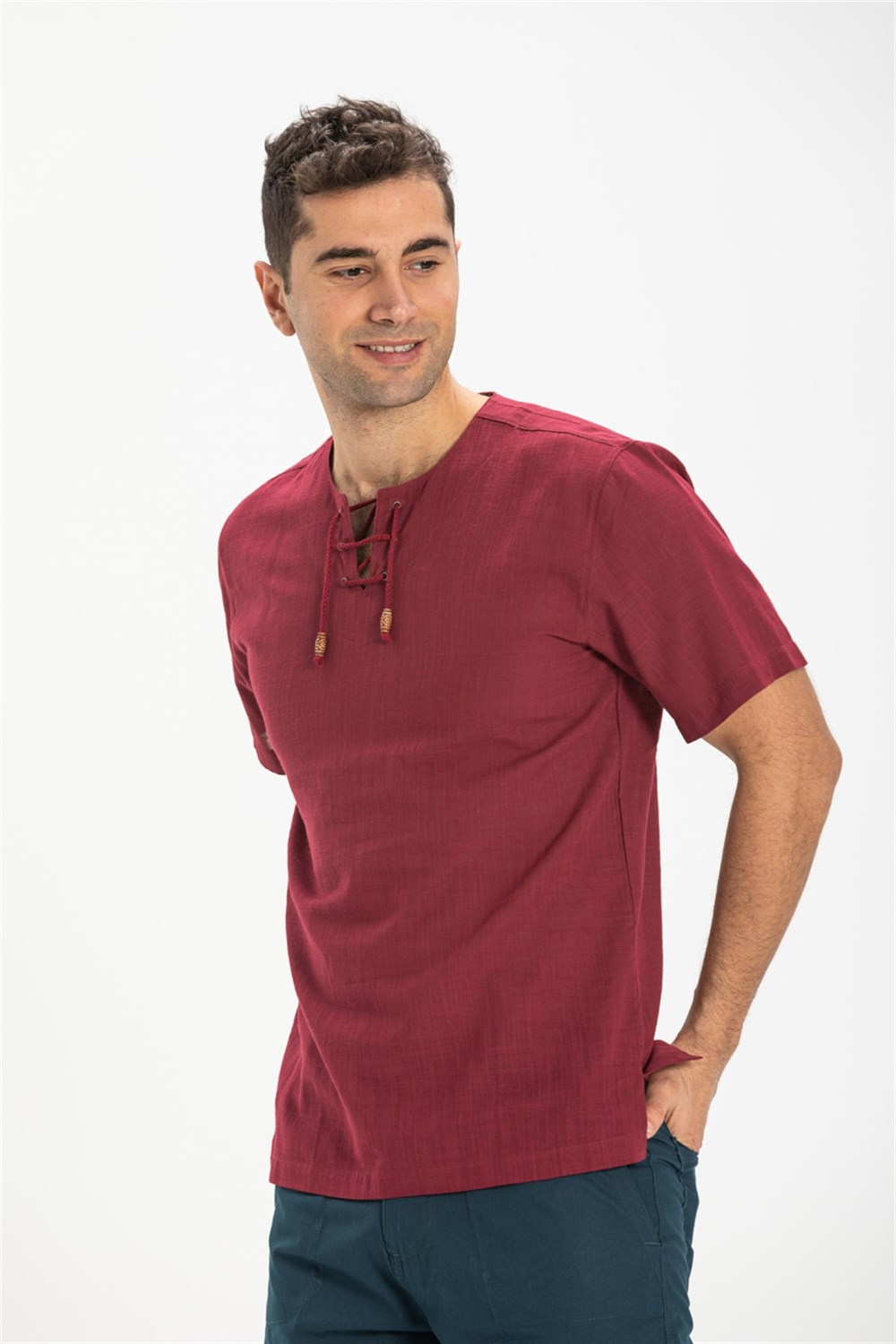 Toptan Büyük Beden Kısa Kol Şile Bezi Zımbalı Erkek Yazlık Tshirt Koyu Bordo 3068