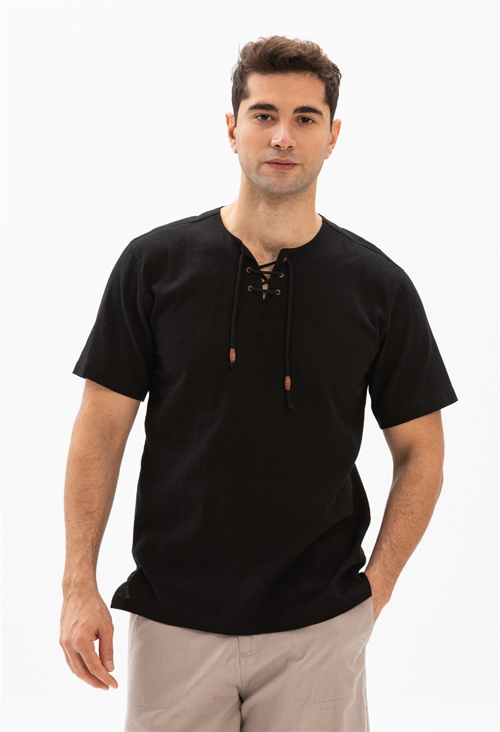 Toptan Büyük Beden Kısa Kol Şile Bezi Zımbalı Erkek Yazlık Tshirt Siyah