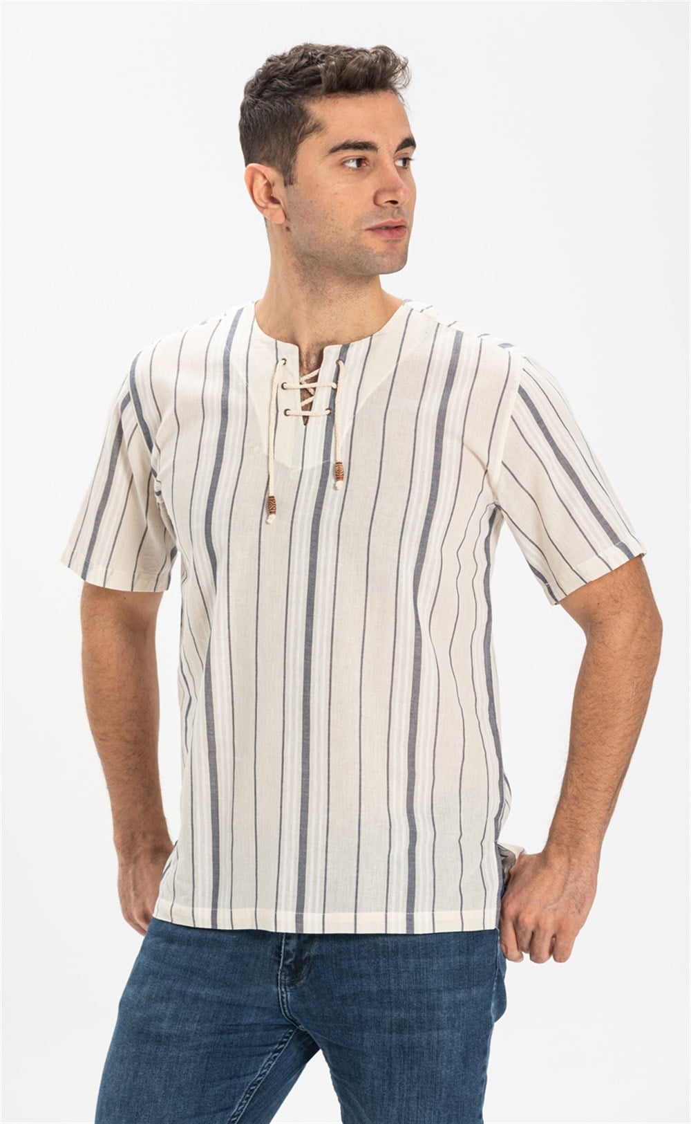 Toptan Büyük Beden Kısa Kol Şile Bezi Zımbalı Erkek Yazlık Tshirt  Ekru Gri Çizgili