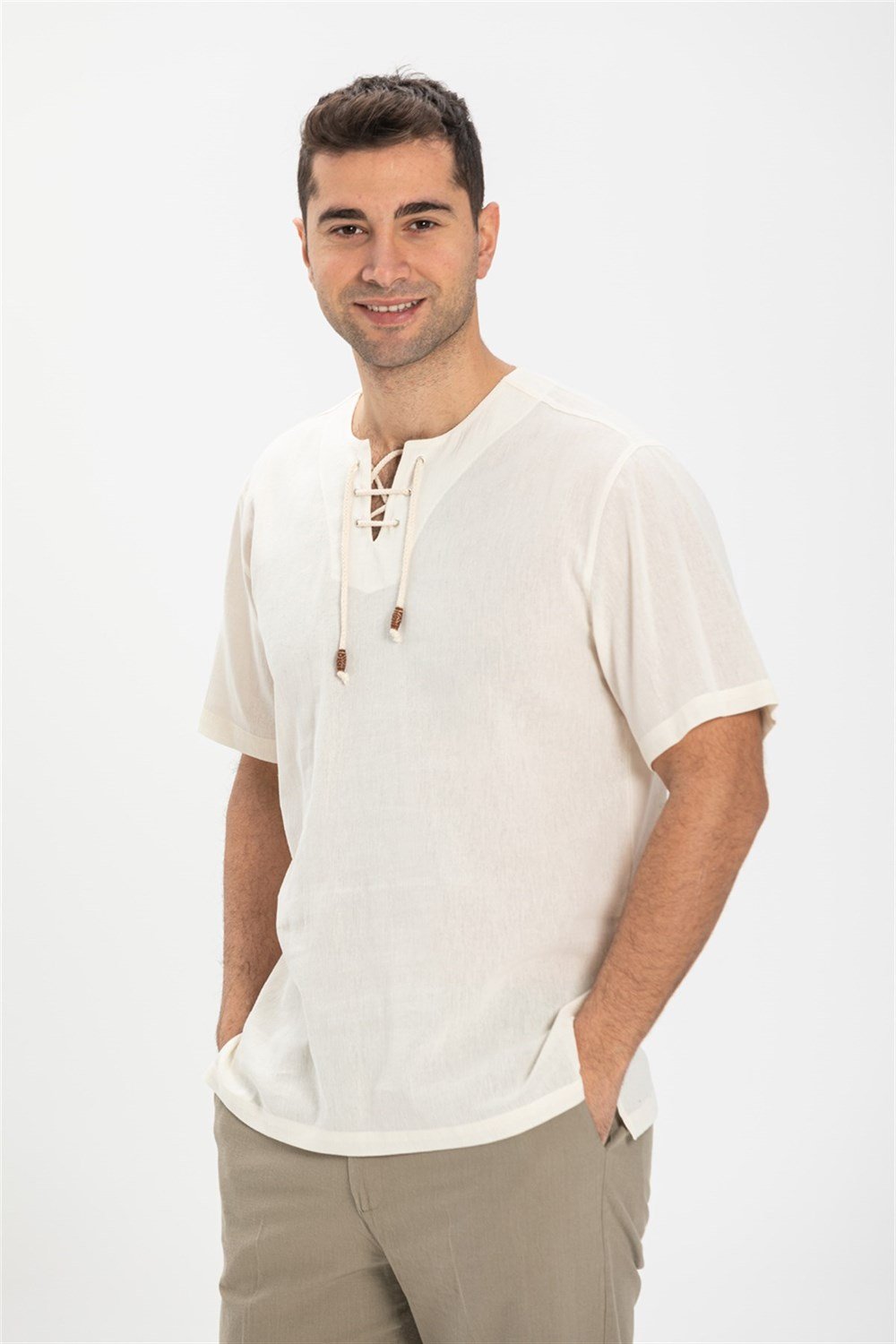 Toptan Büyük Beden Kısa Kol Şile Bezi Zımbalı Erkek Yazlık Tshirt Krem